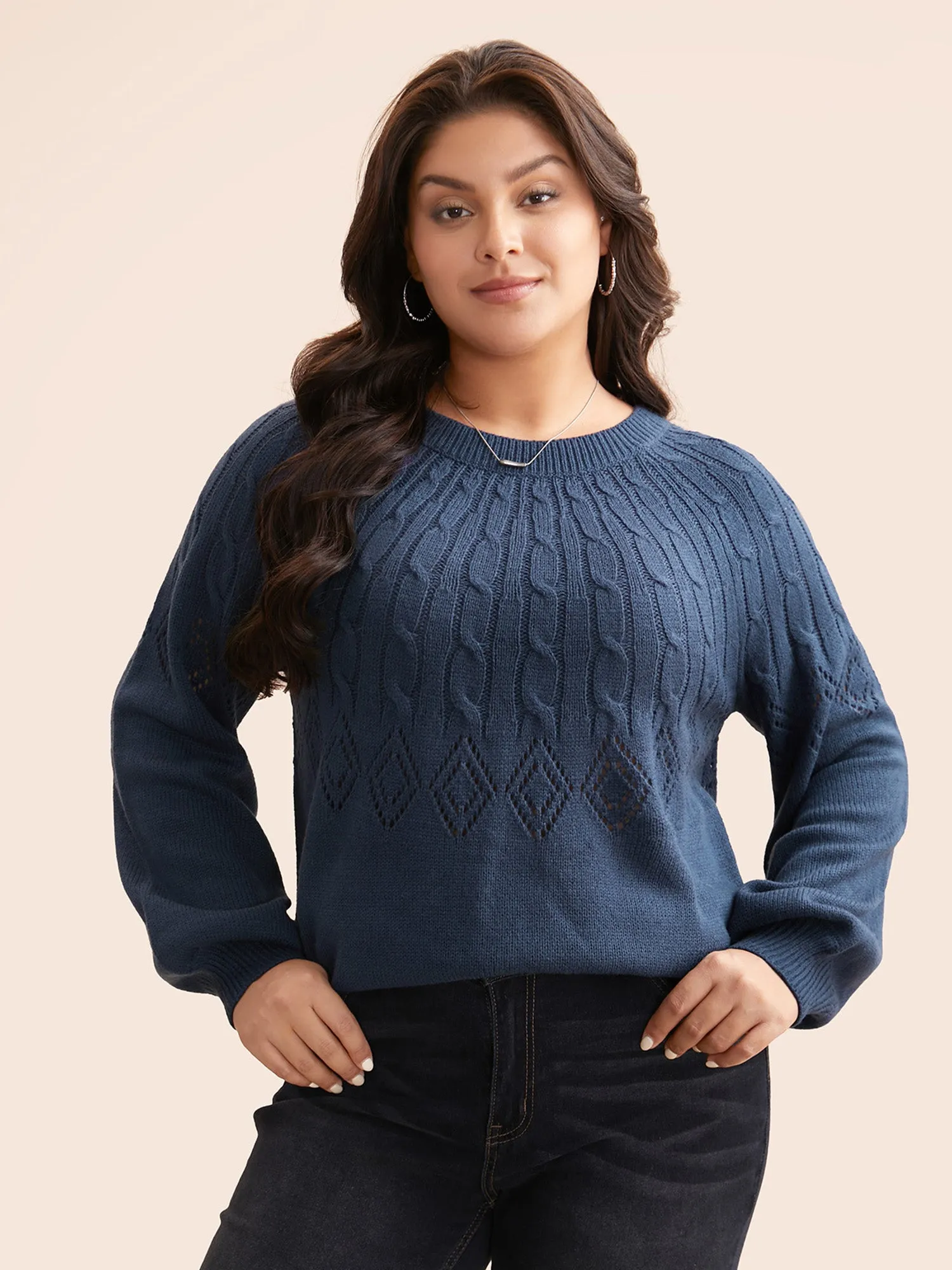 Texture Cable Knit Lantern Sleeve Pullover sold by Bloomchic