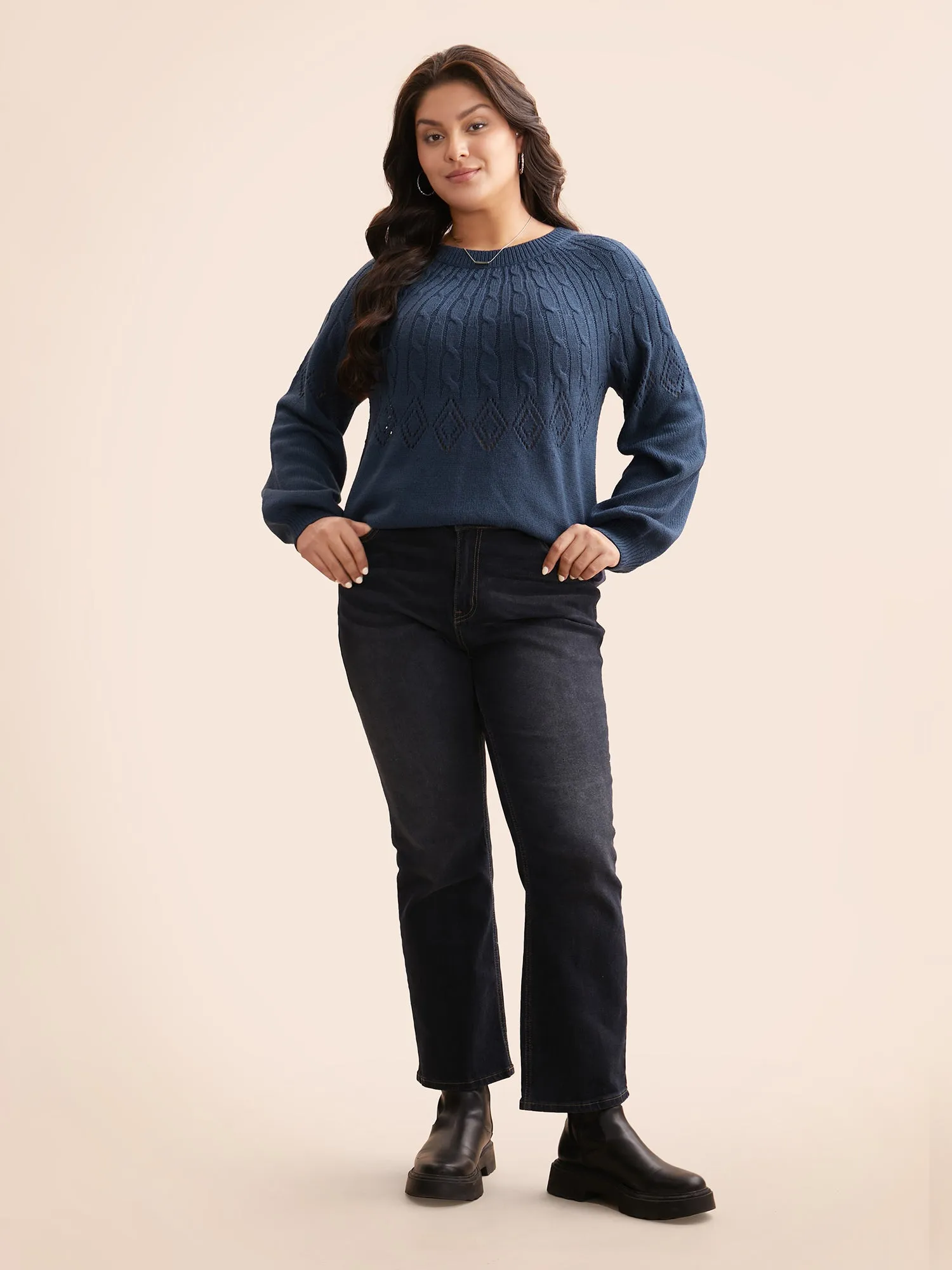 Texture Cable Knit Lantern Sleeve Pullover sold by Bloomchic product image thumbnail 4