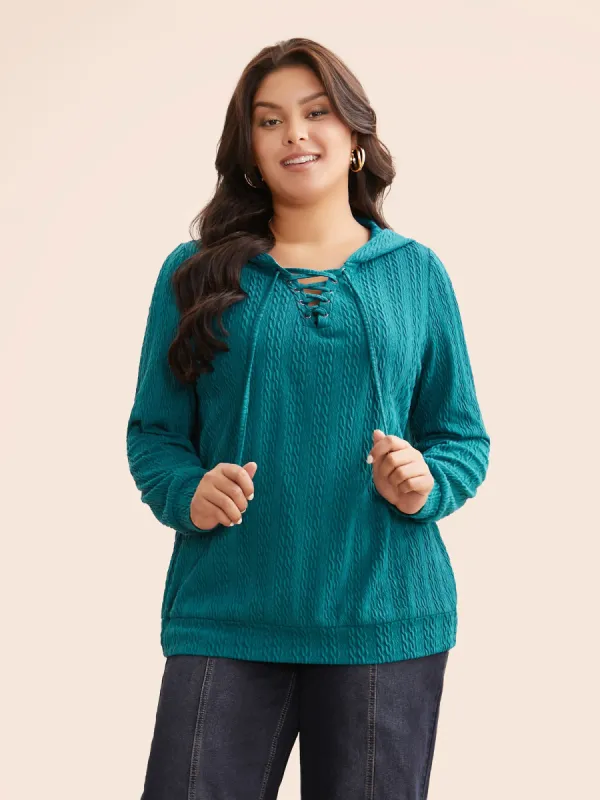 Plain Textured Lace Up Hooded Sweatshirt sold by Bloomchic