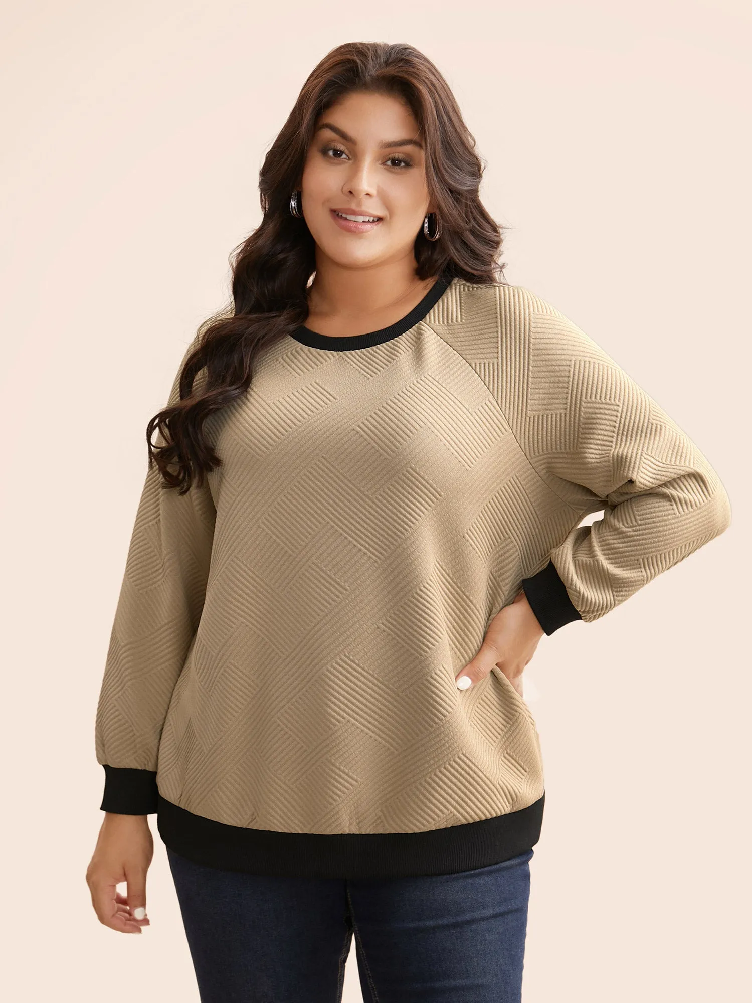 Textured Contrast Trim Raglan Sleeve Sweatshirt sold by Bloomchic product image thumbnail 2
