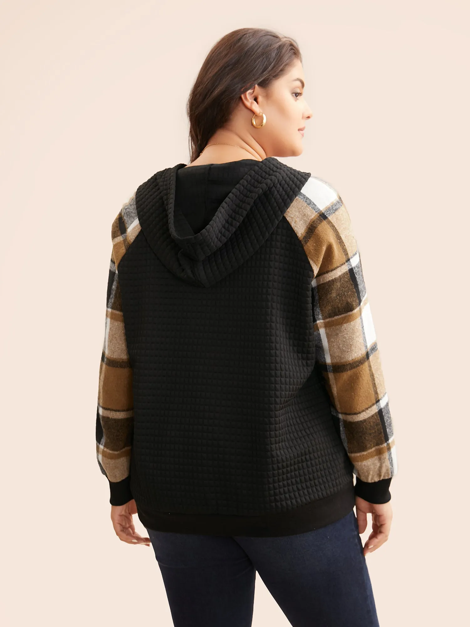 Plaid Patchwork Hooded Raglan Sleeve Sweatshirt sold by Bloomchic product image thumbnail 3