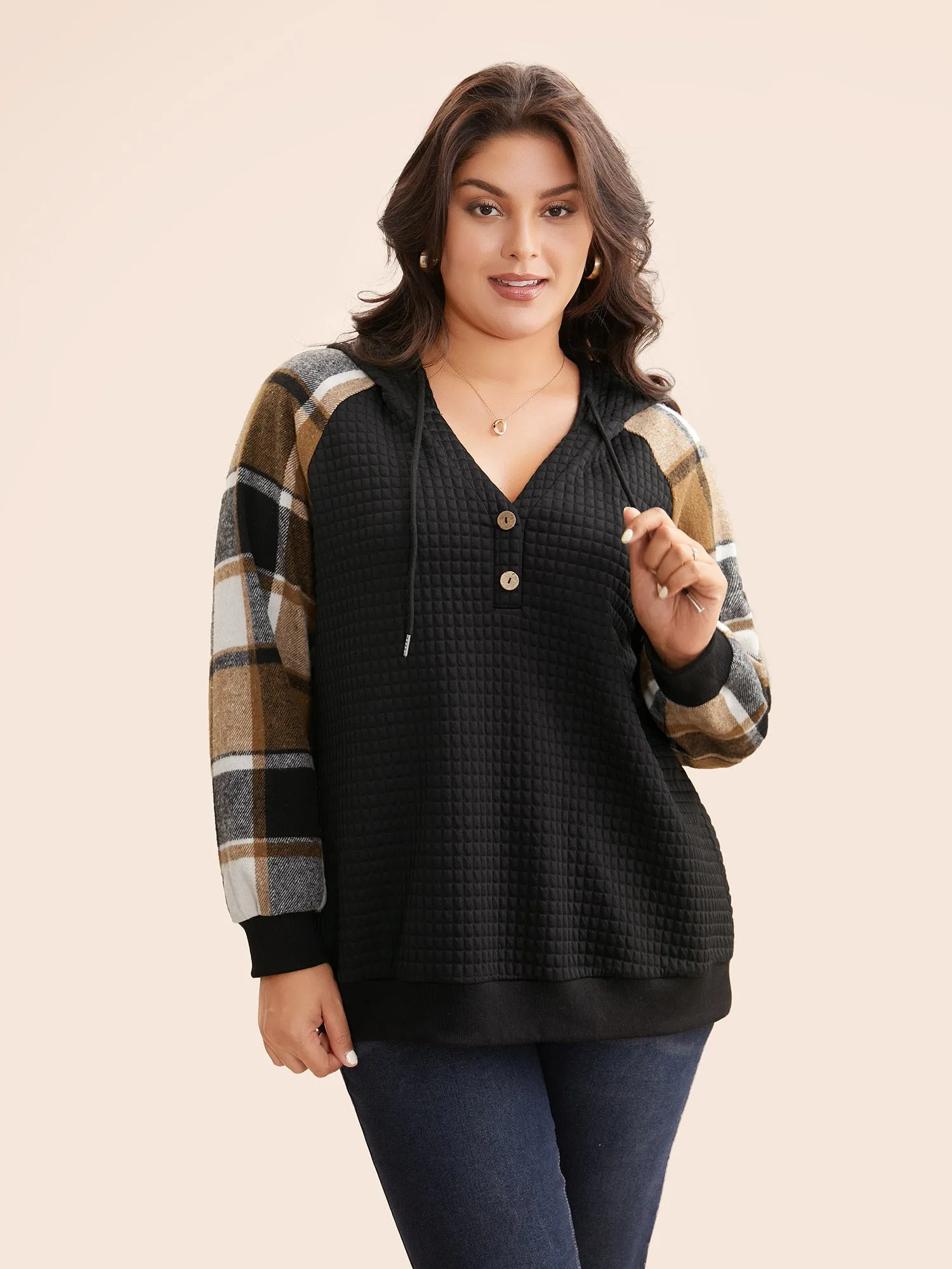 Plaid Patchwork Hooded Raglan Sleeve Sweatshirt sold by Bloomchic product image thumbnail 2