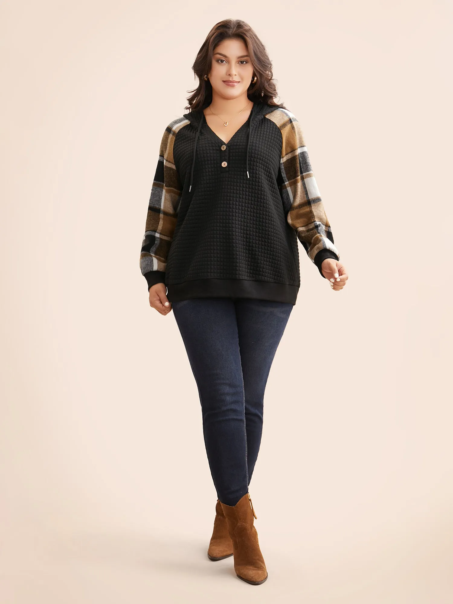 Plaid Patchwork Hooded Raglan Sleeve Sweatshirt sold by Bloomchic product image thumbnail 4