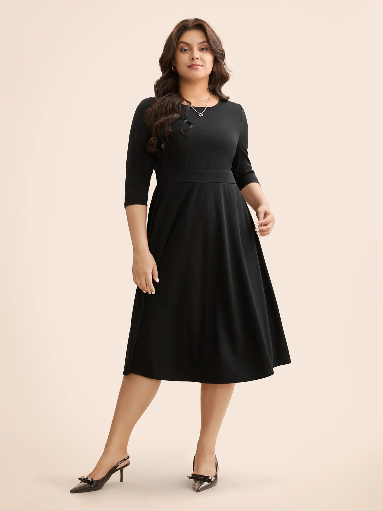 Solid Round Neck Shirred Midi Dress sold by Bloomchic product image thumbnail 3