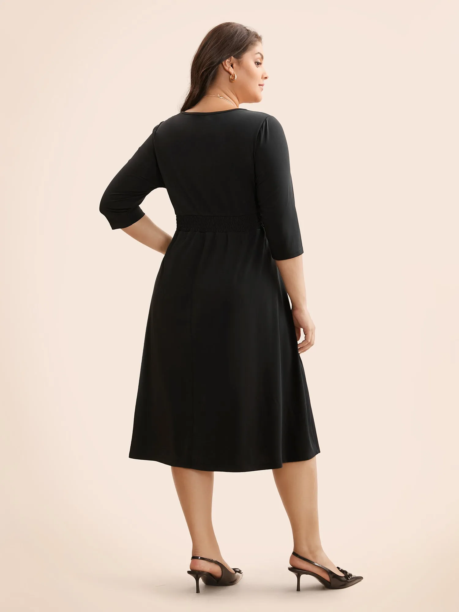 Solid Round Neck Shirred Midi Dress sold by Bloomchic product image thumbnail 5
