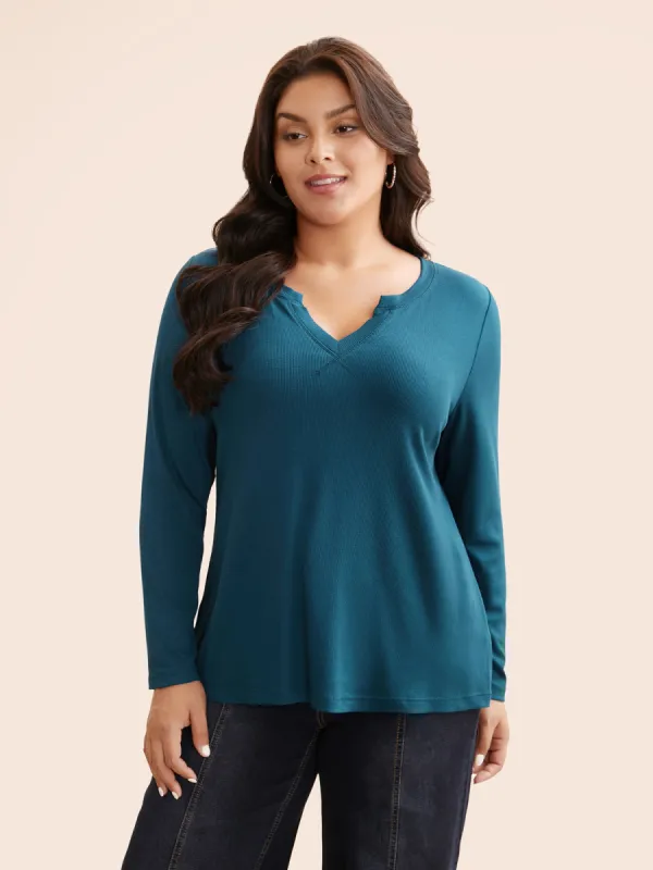 Solid Notched Collar Rib Knit T-shirt sold by Bloomchic