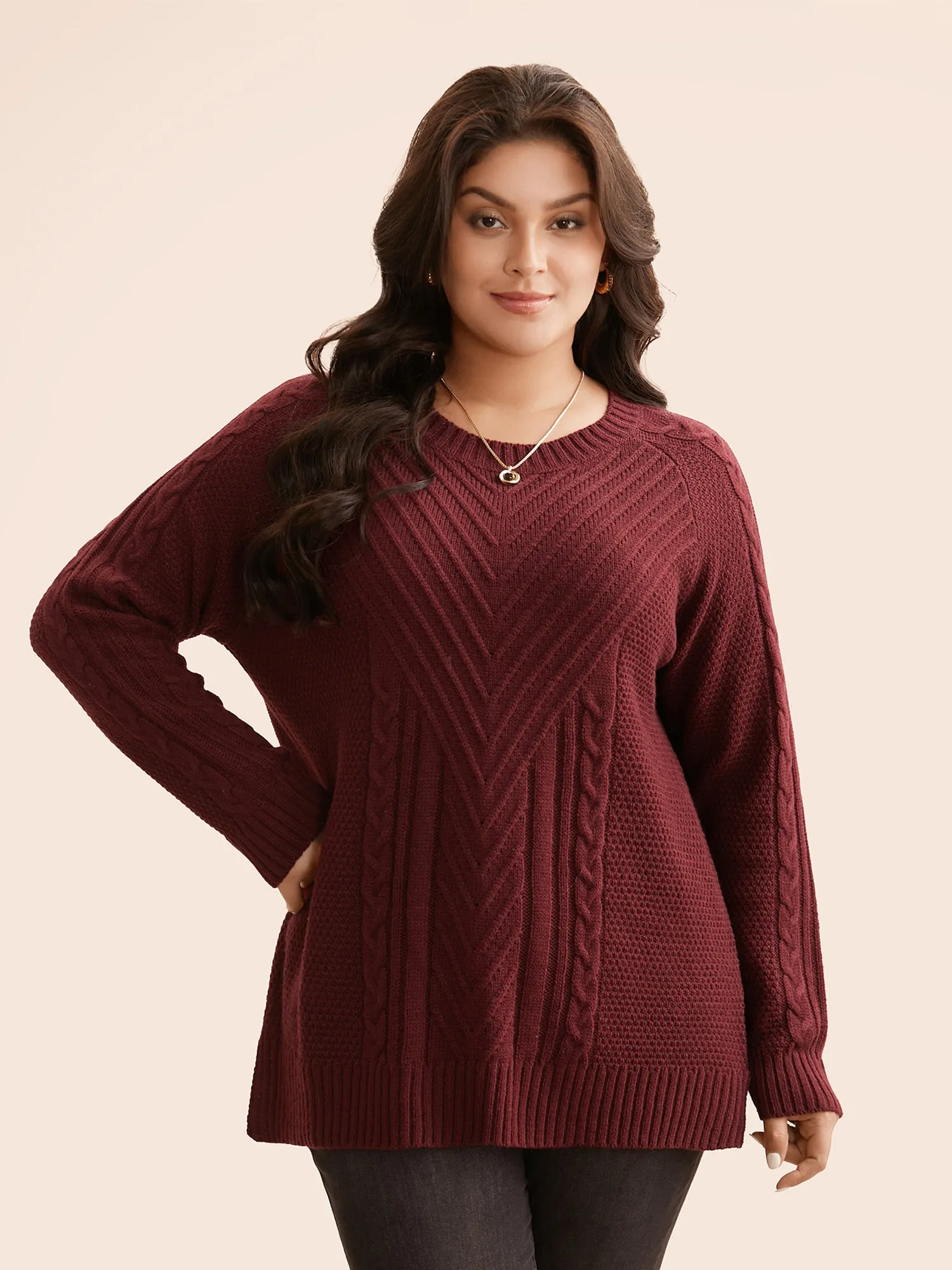 Texture Cable Knit Raglan Sleeve Pullover sold by Bloomchic