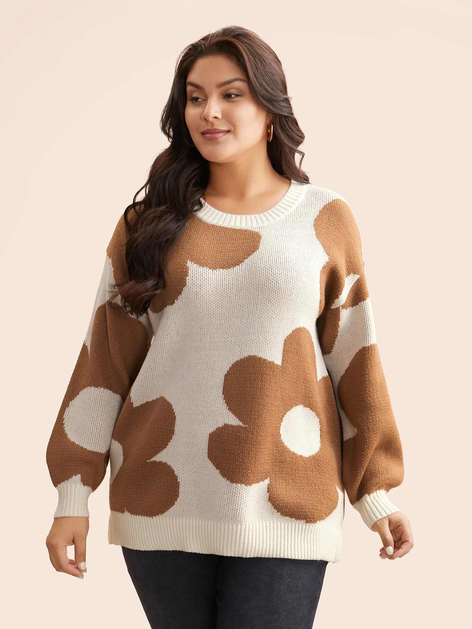 Floral Jacquard Drop Shoulder Sleeve Pullover sold by Bloomchic