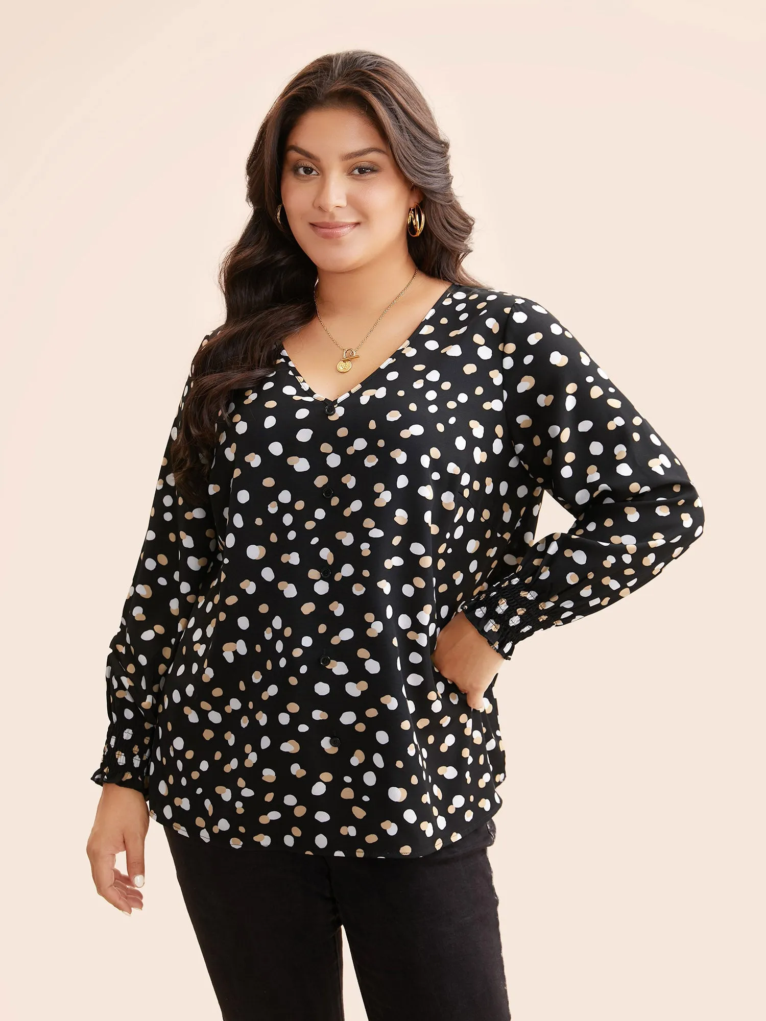 Polka Dot Button Detail Shirred Blouse sold by Bloomchic product image thumbnail 2