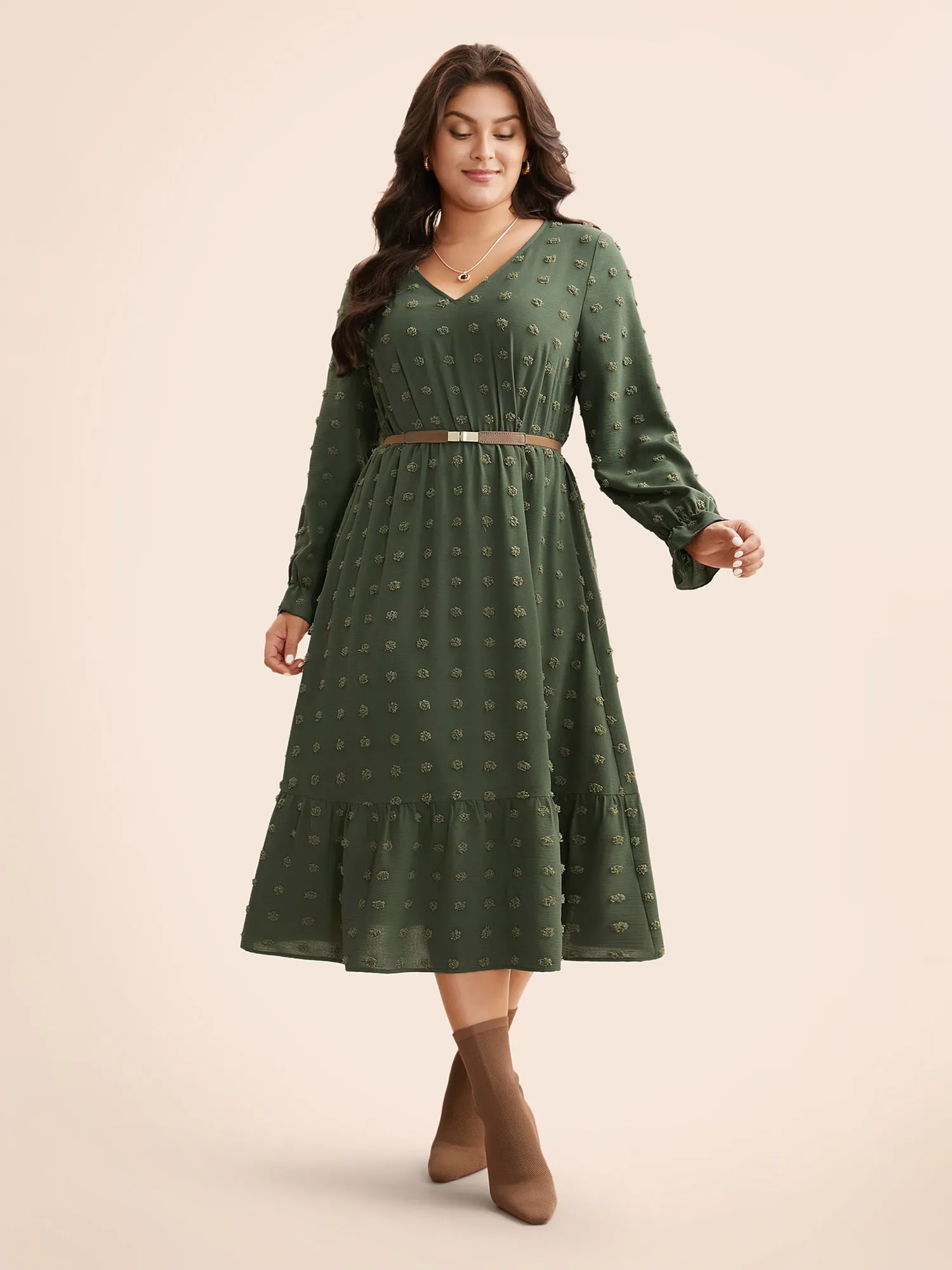 Plain Textured V Neck Ruffle Hem Dress sold by Bloomchic