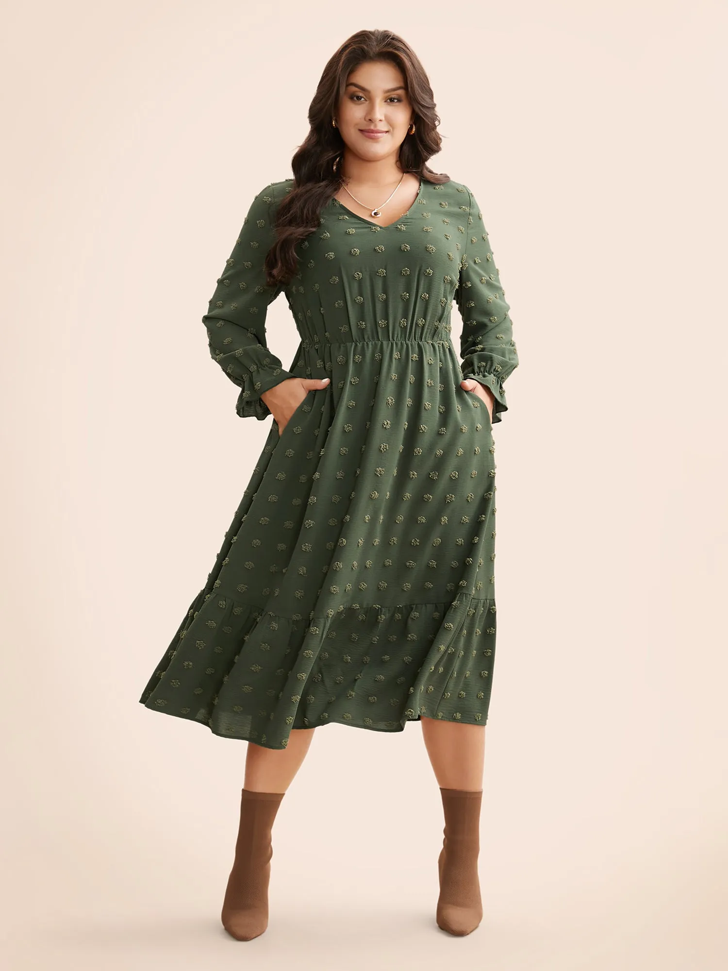 Plain Textured V Neck Ruffle Hem Dress sold by Bloomchic product image thumbnail 3