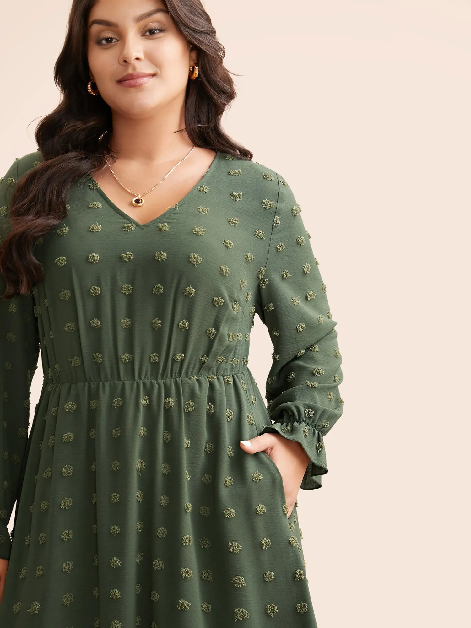 Plain Textured V Neck Ruffle Hem Dress sold by Bloomchic product image thumbnail 2