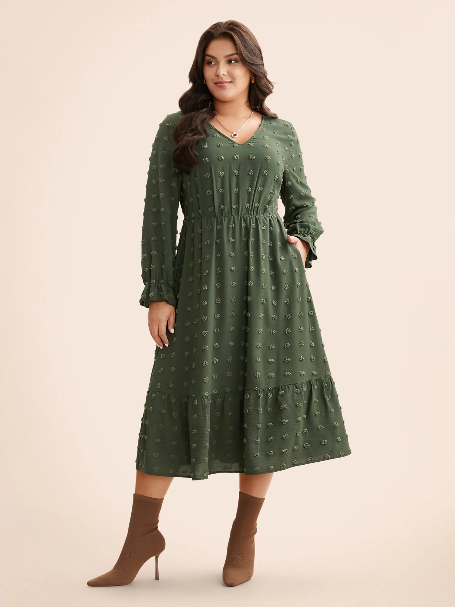 Plain Textured V Neck Ruffle Hem Dress sold by Bloomchic product image thumbnail 4