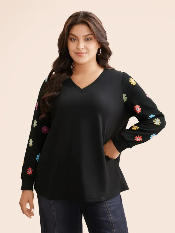 V Neck Floral Slightly Stretchy Sweatshirt sold by Bloomchic
