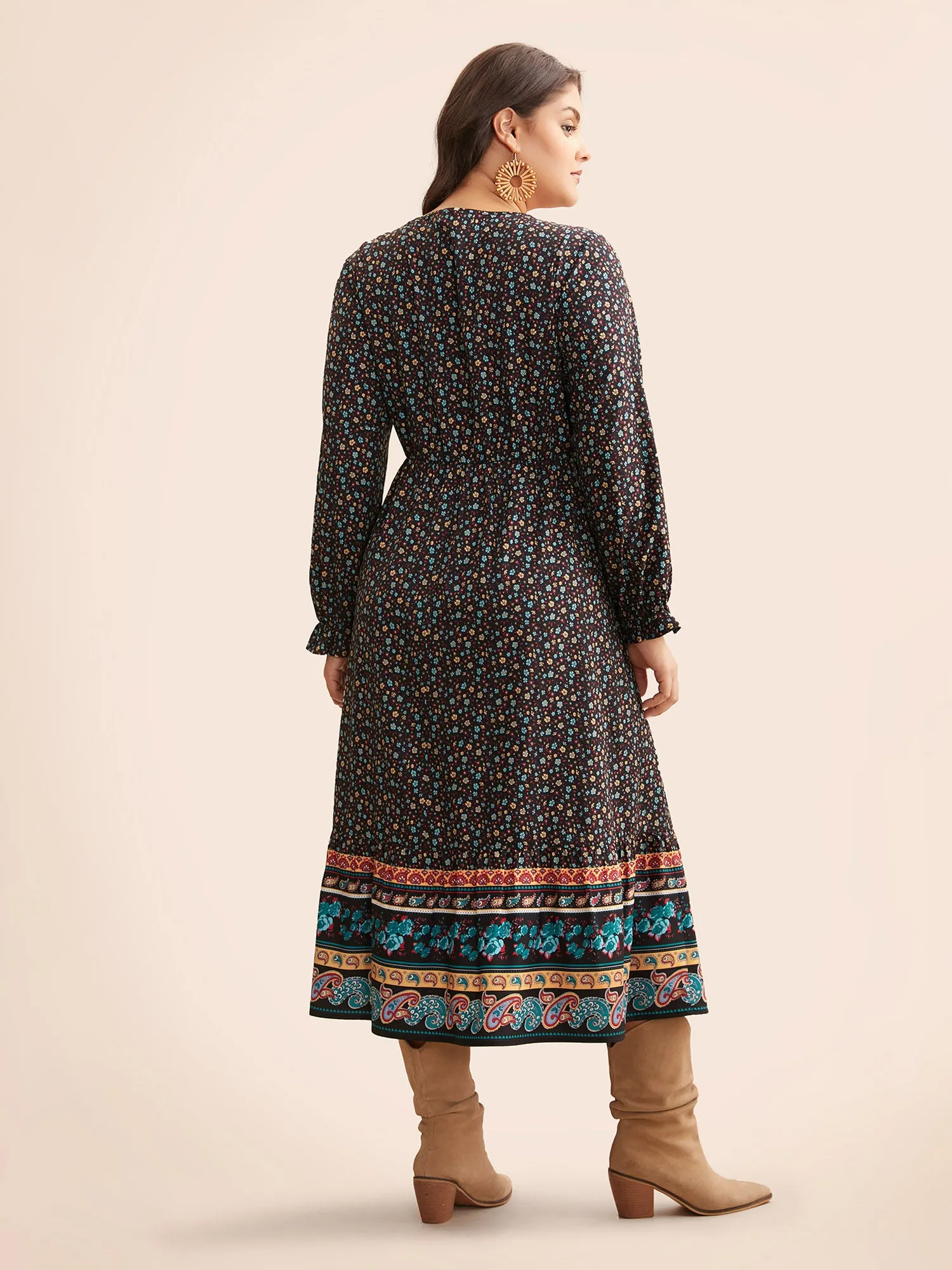 Boho Print V Neck Elastic Waist Dress sold by Bloomchic product image thumbnail 3