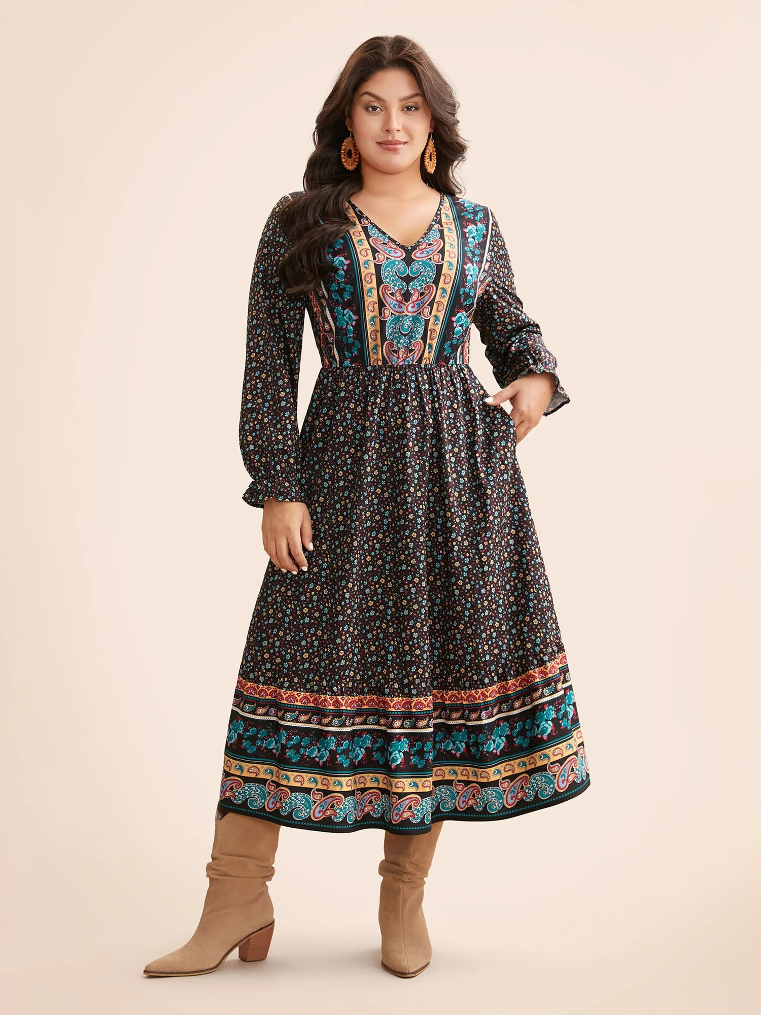 Boho Print V Neck Elastic Waist Dress sold by Bloomchic product image thumbnail 2