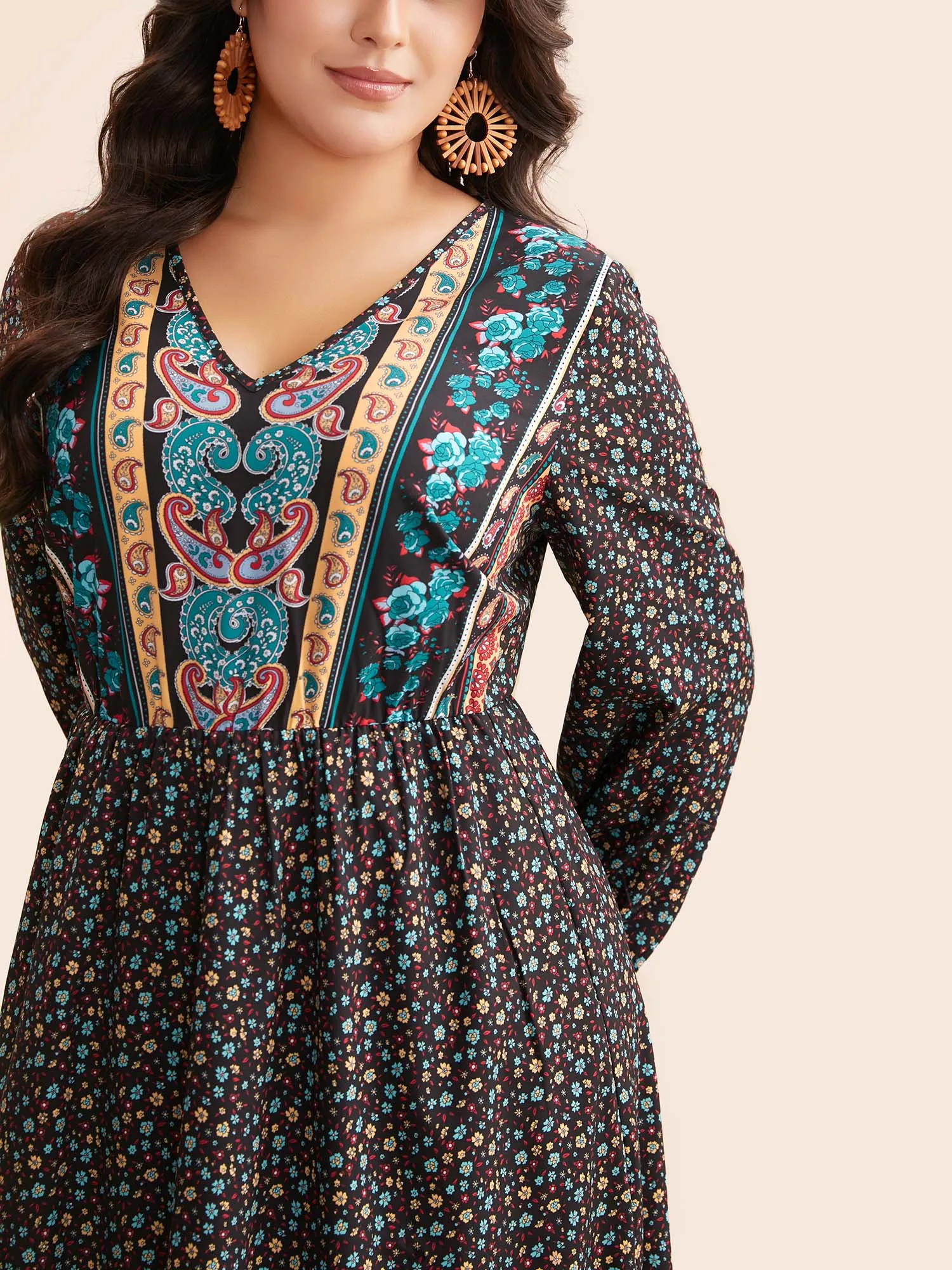Boho Print V Neck Elastic Waist Dress sold by Bloomchic product image thumbnail 4
