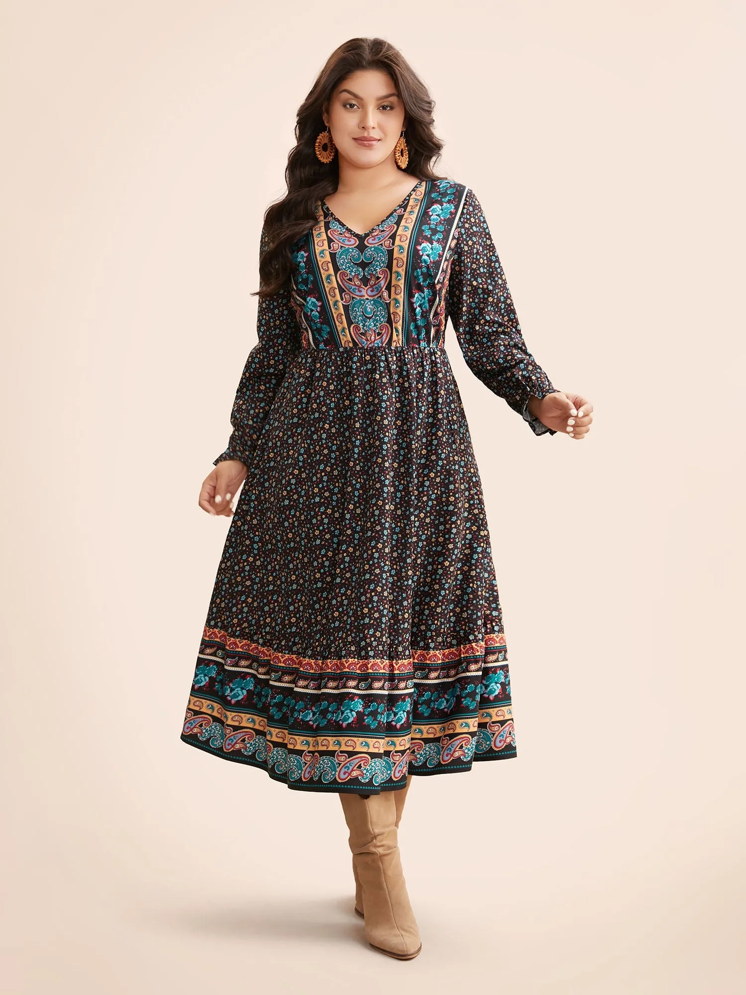 Boho Print V Neck Elastic Waist Dress sold by Bloomchic