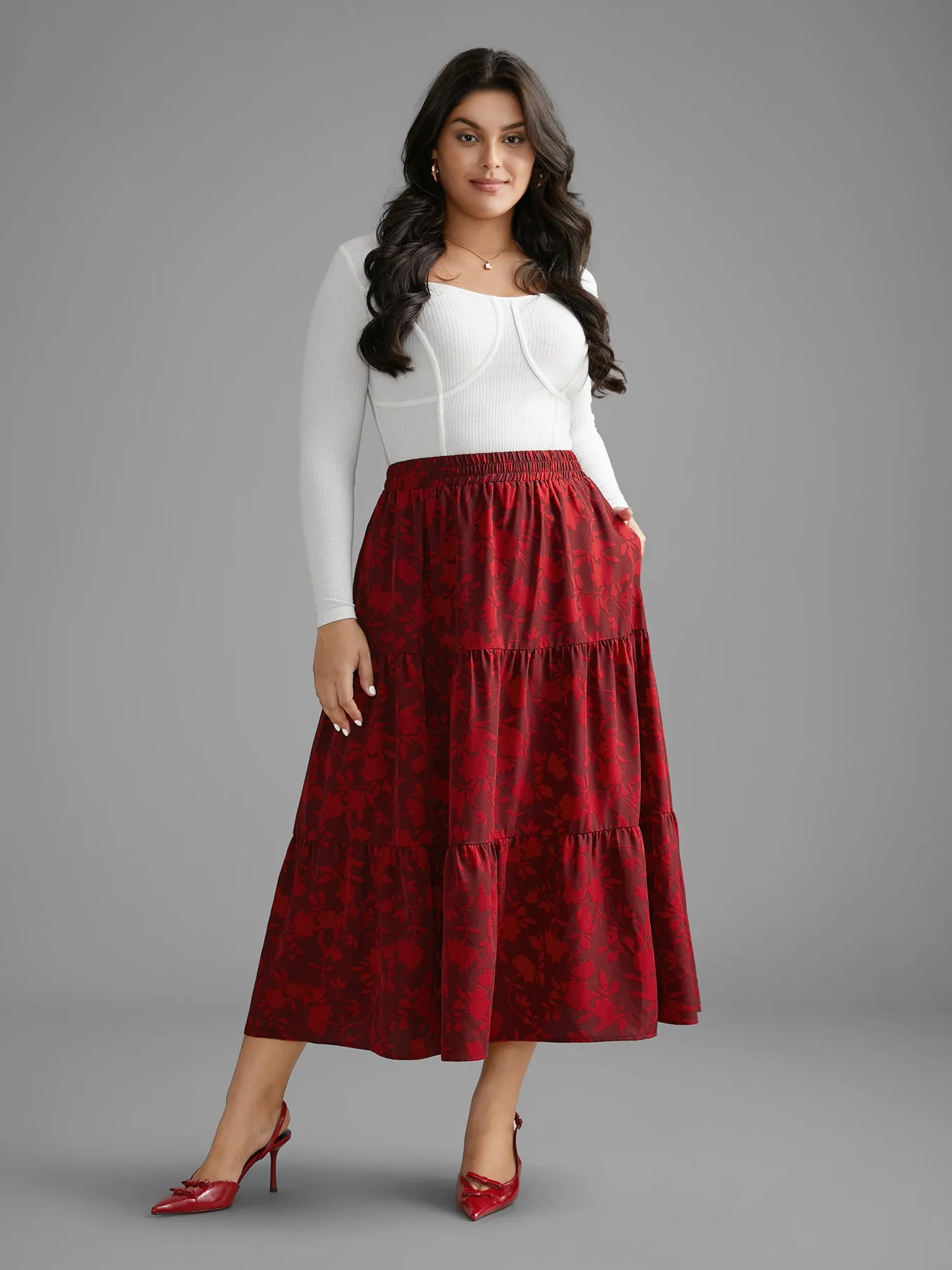 Silhouette Floral Print Ruffle Layered Hem Skirt sold by Bloomchic product image thumbnail 2