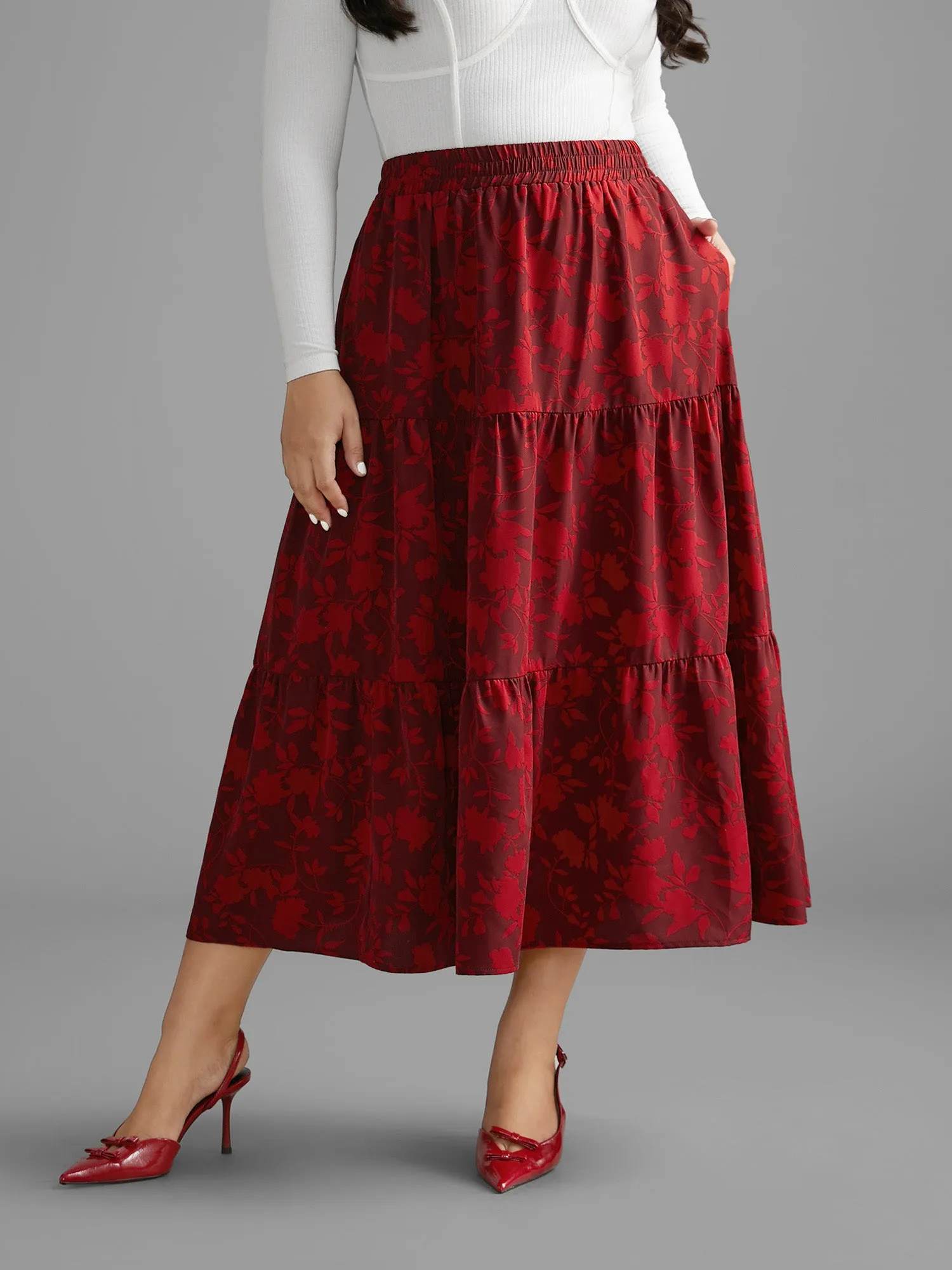 Silhouette Floral Print Ruffle Layered Hem Skirt sold by Bloomchic