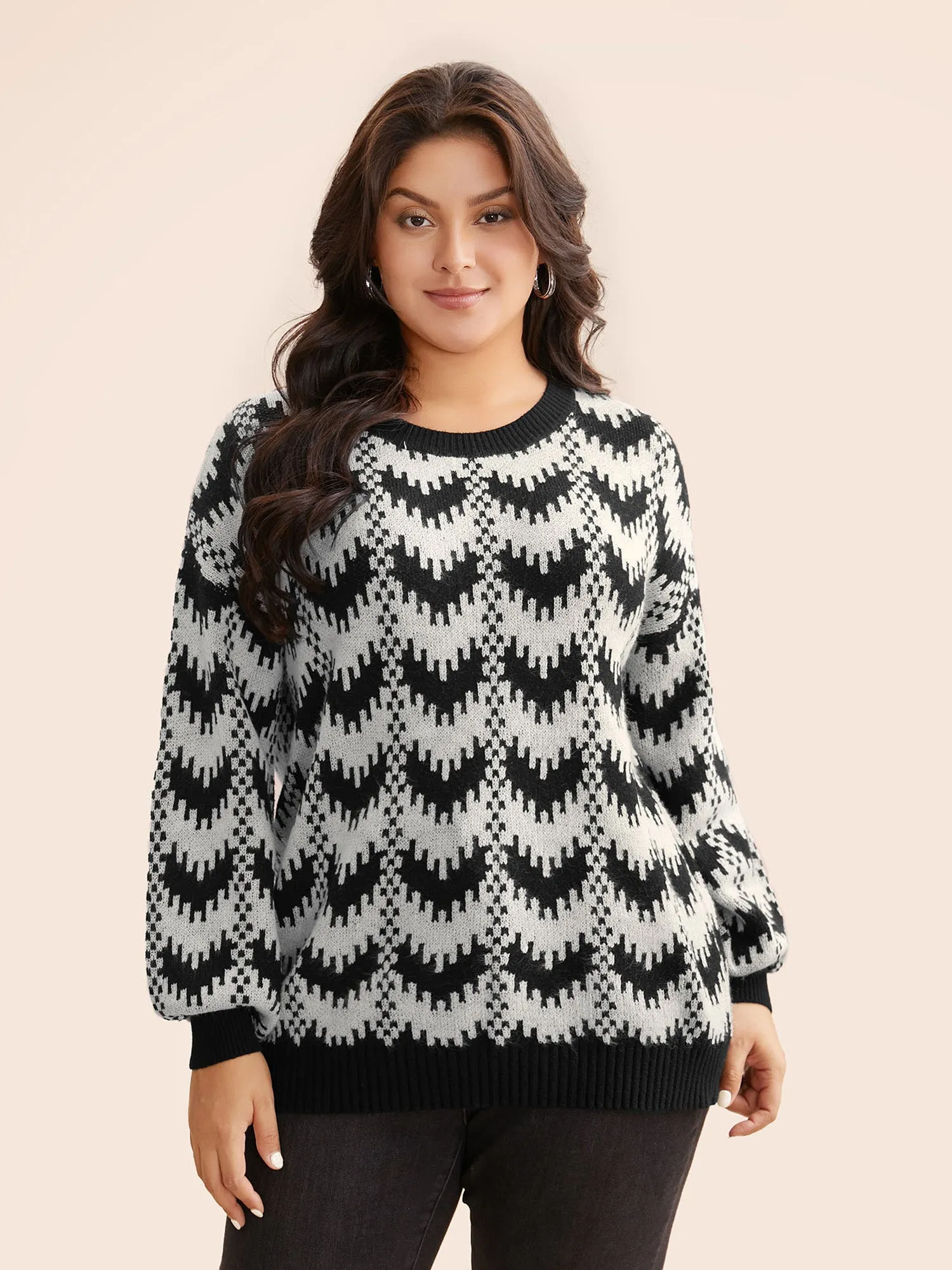 Geometric Jacquard Drop Shoulder Sleeve Pullover sold by Bloomchic product image thumbnail 3