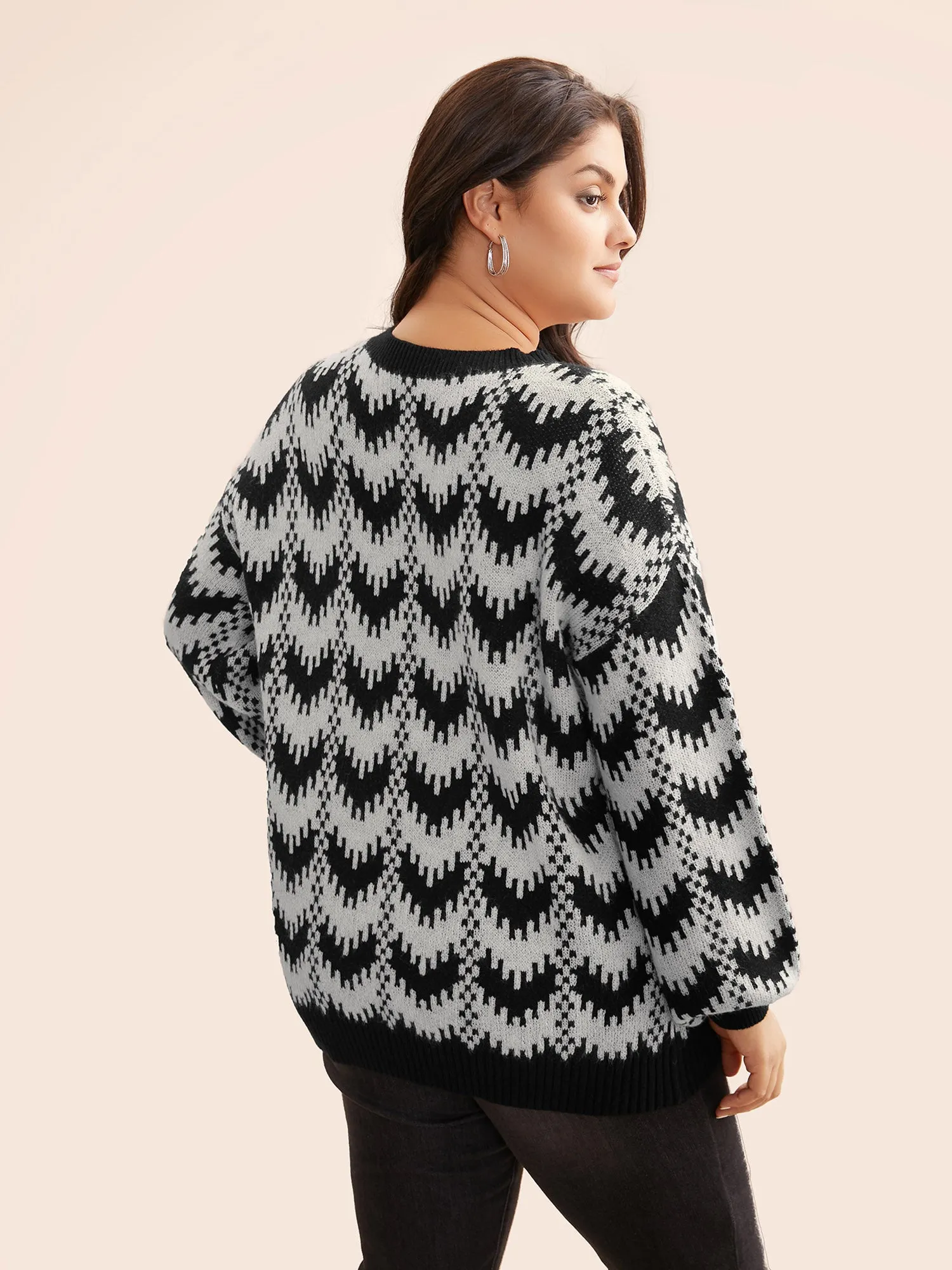 Geometric Jacquard Drop Shoulder Sleeve Pullover sold by Bloomchic product image thumbnail 2