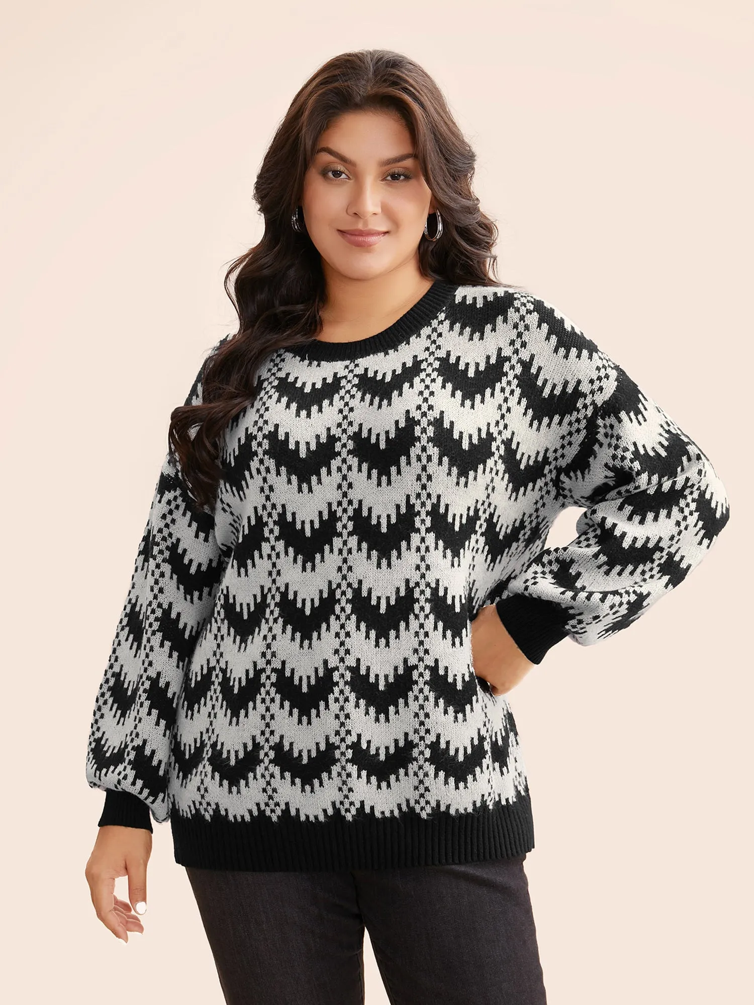 Geometric Jacquard Drop Shoulder Sleeve Pullover sold by Bloomchic
