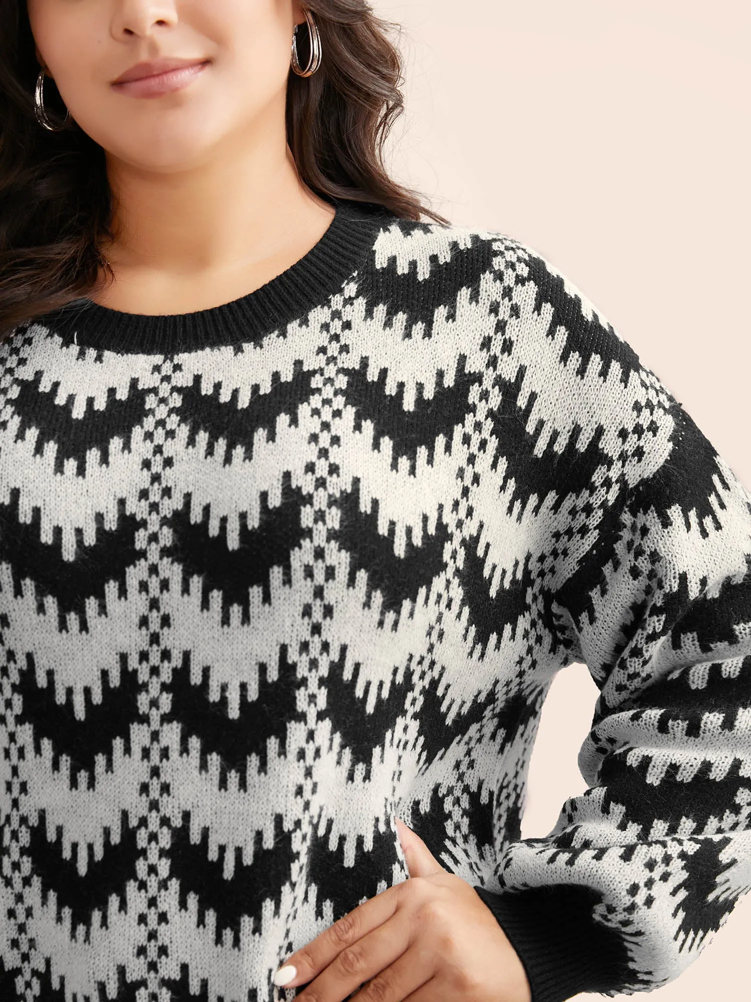 Geometric Jacquard Drop Shoulder Sleeve Pullover sold by Bloomchic product image thumbnail 5