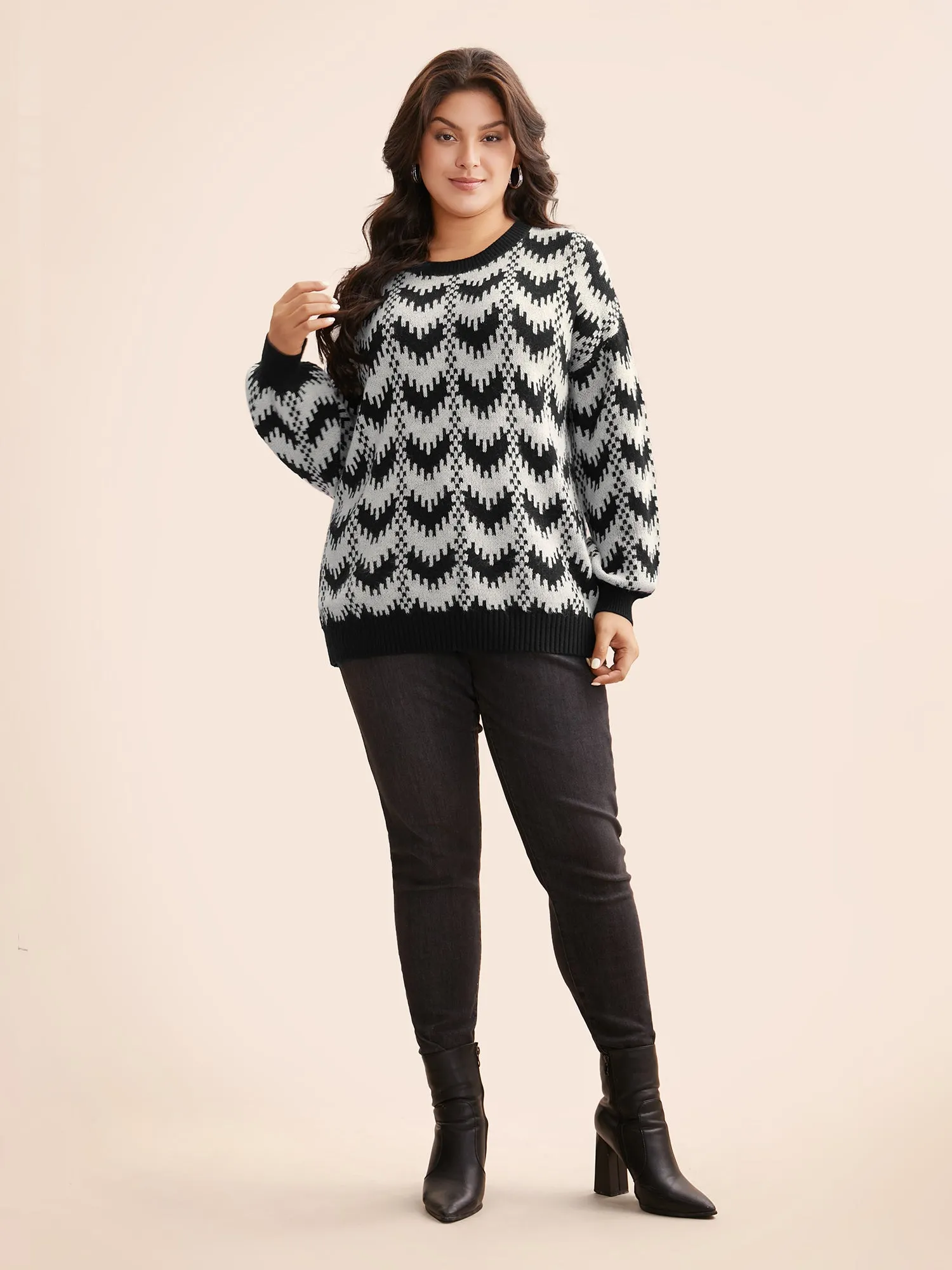 Geometric Jacquard Drop Shoulder Sleeve Pullover sold by Bloomchic product image thumbnail 4