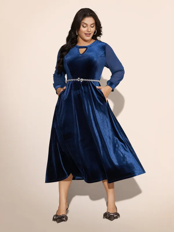 Velvet Patchwork Chiffon Keyhole Midi Dress sold by Bloomchic