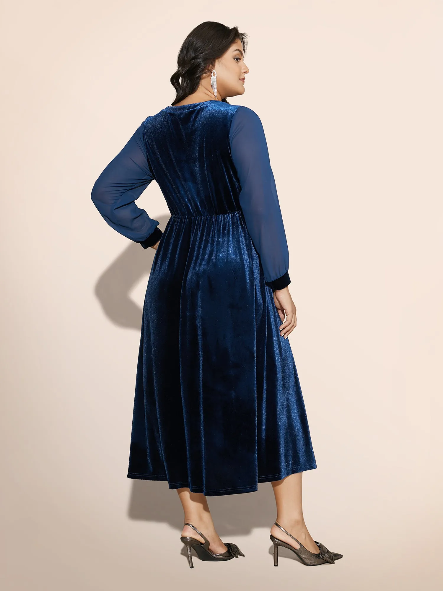 Velvet Patchwork Chiffon Keyhole Midi Dress sold by Bloomchic product image thumbnail 5