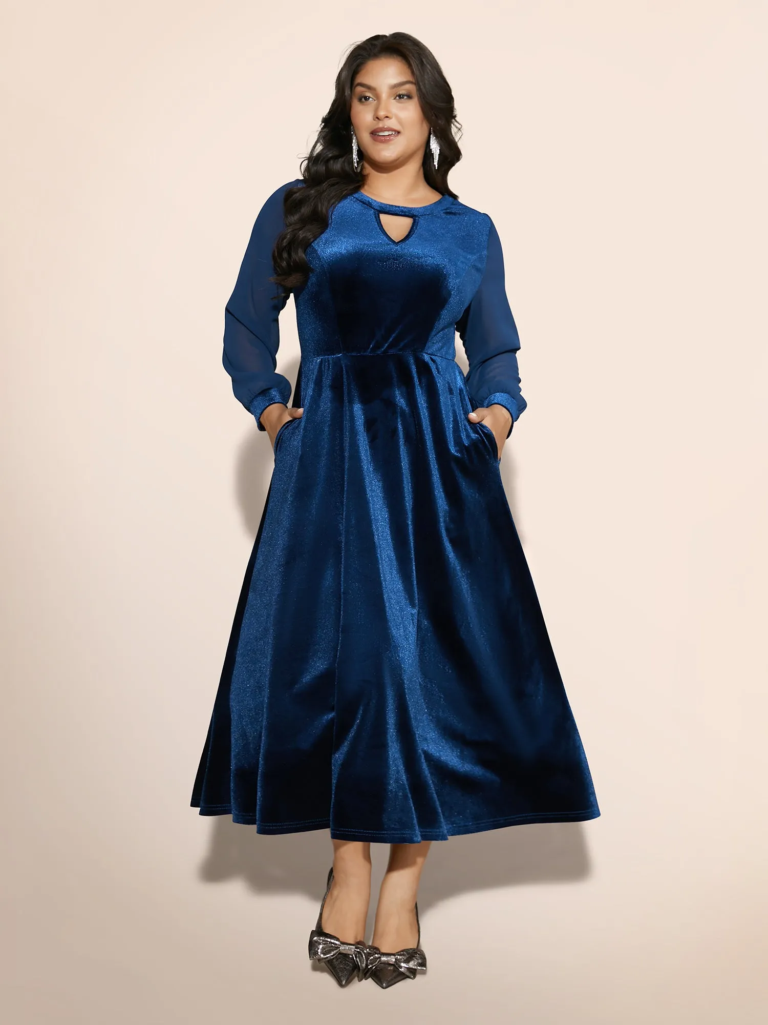 Velvet Patchwork Chiffon Keyhole Midi Dress sold by Bloomchic product image thumbnail 3