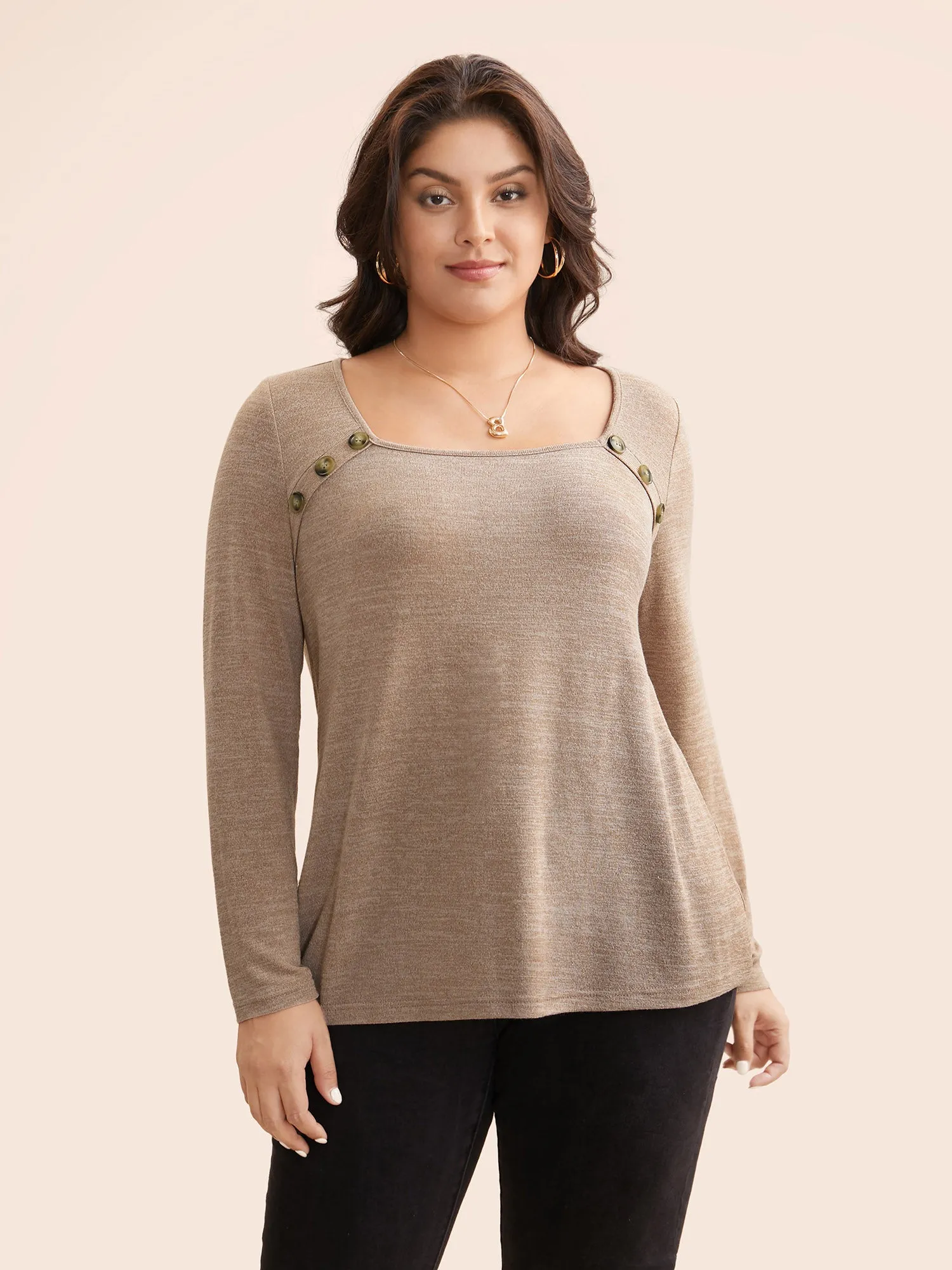 Heather Square Neck Button Detail T-shirt sold by Bloomchic