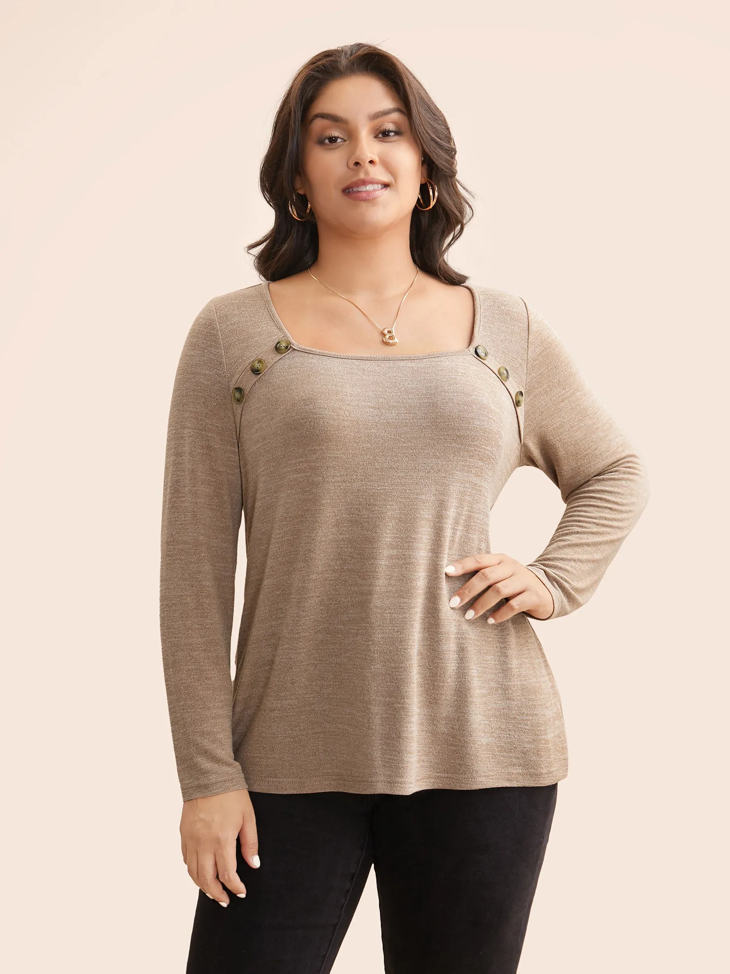 Heather Square Neck Button Detail T-shirt sold by Bloomchic product image thumbnail 3