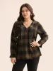 Plaid Pleated Lantern Sleeve Blouse sold by Bloomchic