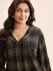 Plaid Pleated Lantern Sleeve Blouse sold by Bloomchic