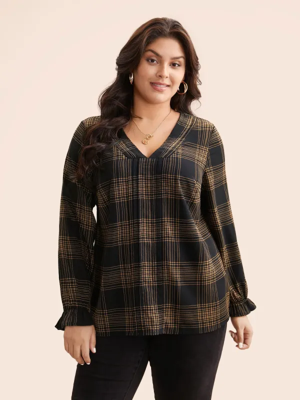 Plaid Pleated Lantern Sleeve Blouse sold by Bloomchic
