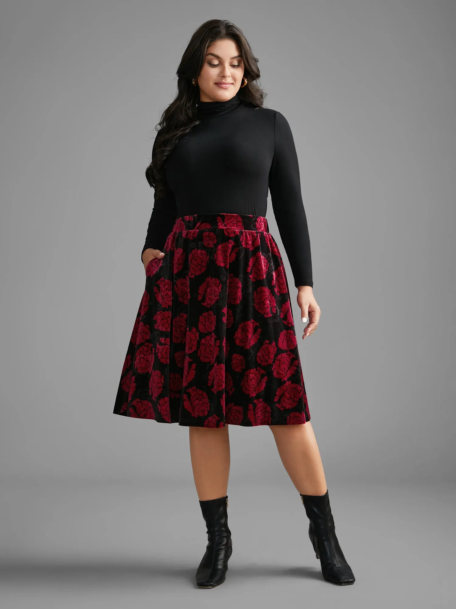 Velvet Floral Elastic Waist Skirt sold by Bloomchic product image thumbnail 2