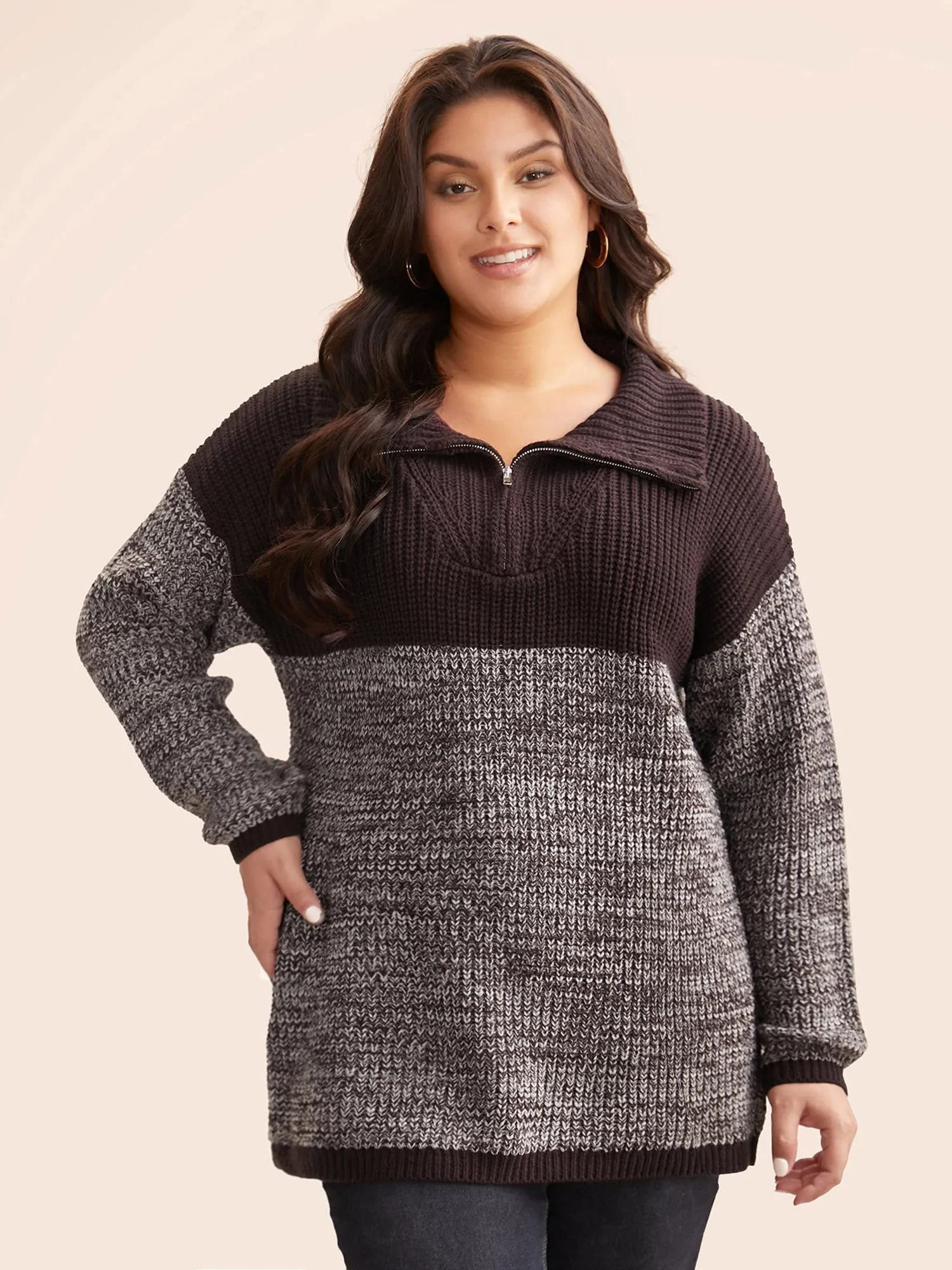 Contrast Textured Half Zip Pullover sold by Bloomchic