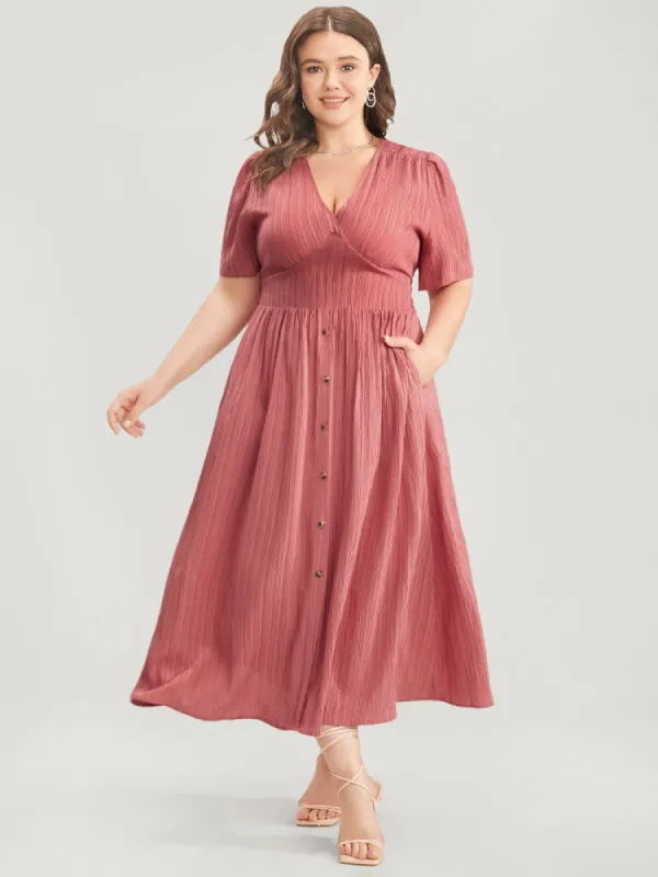 Plain V Neck Pocket Flutter Hem Button Detail Dress sold by Bloomchic