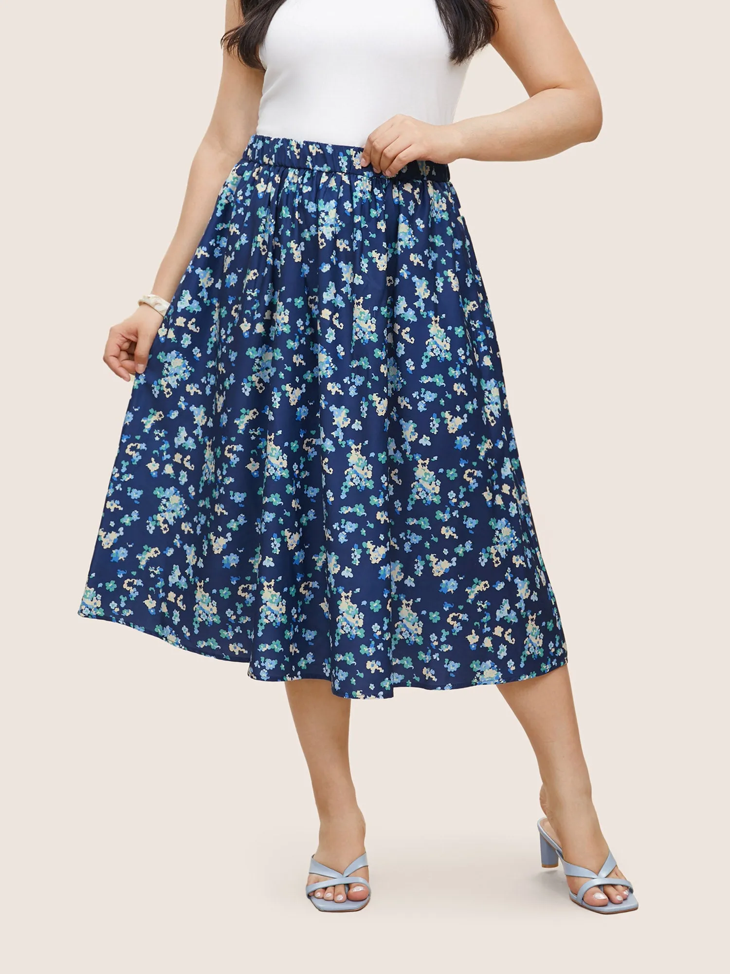 Ditsy Floral Print Elastic Waist Pocket Midi Skirt sold by Bloomchic