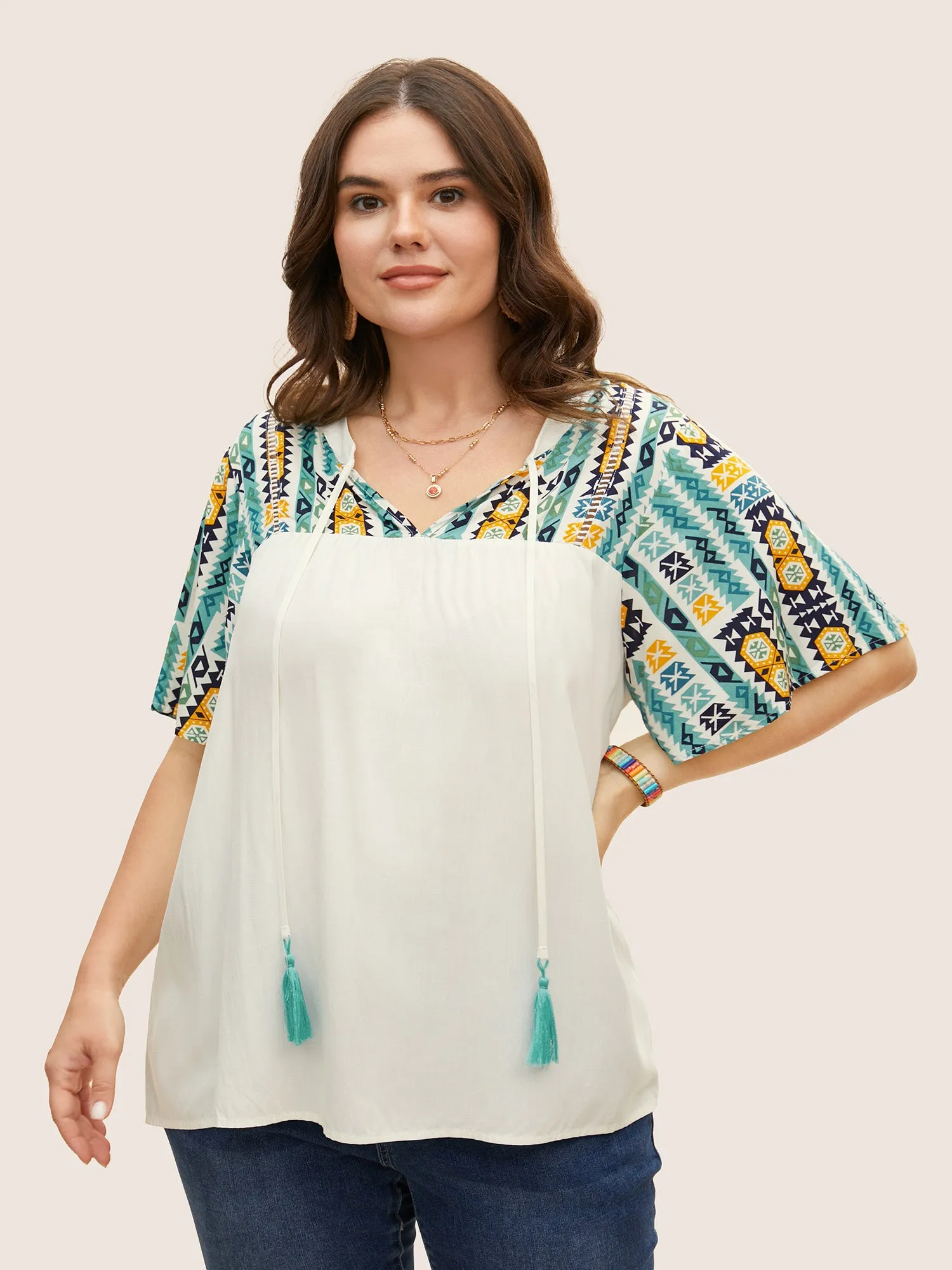 Bandana Print Tassel Trim Gathered Blouse sold by Bloomchic