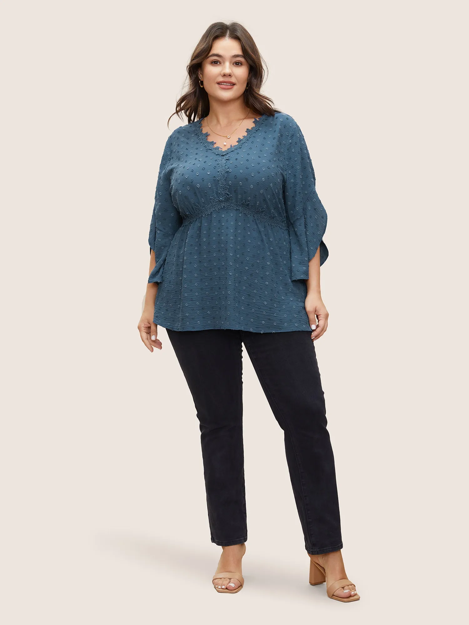 Polka Dot Textured Petal Sleeve Lace Trim Blouse sold by Bloomchic product image thumbnail 4