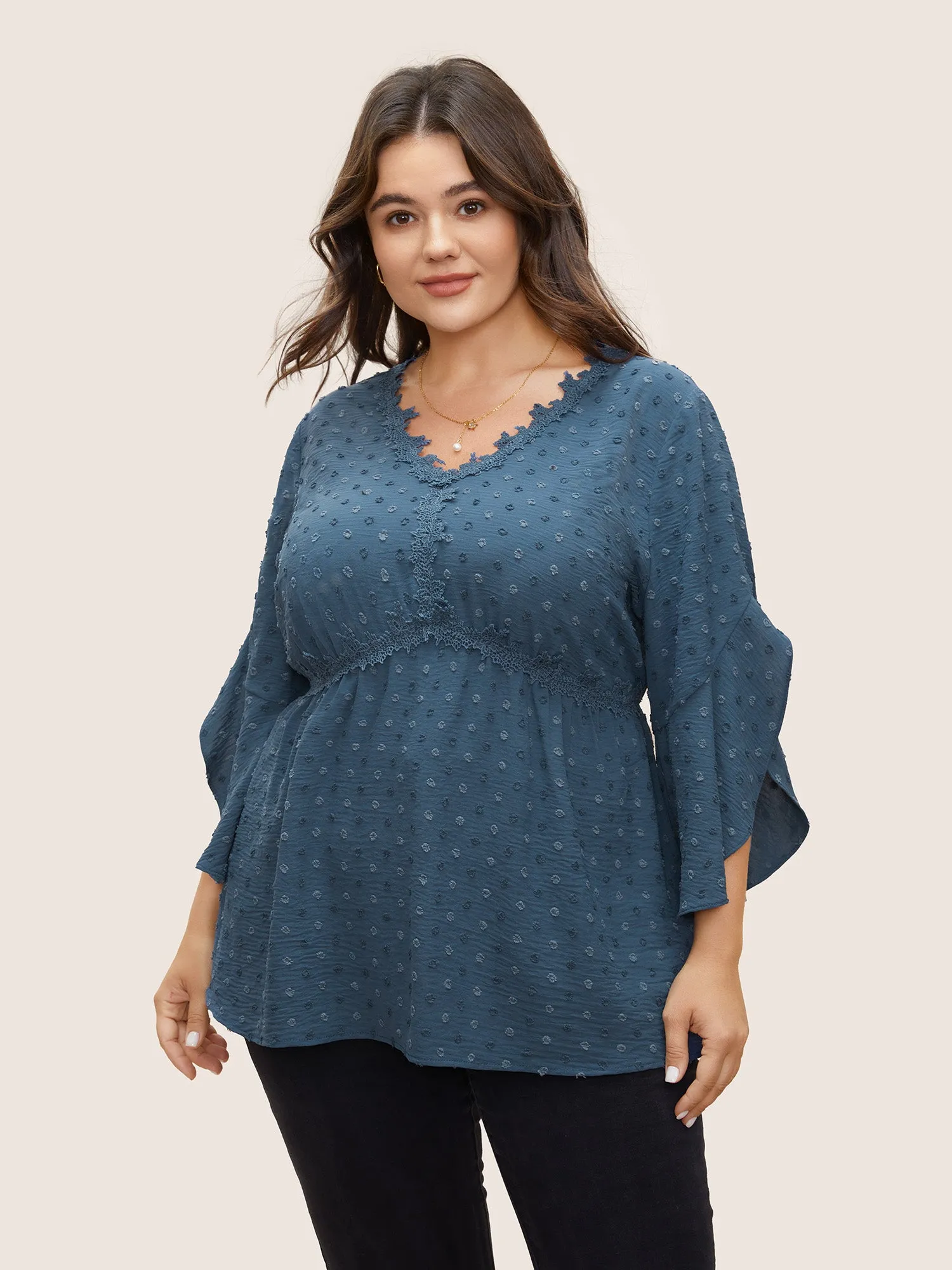 Polka Dot Textured Petal Sleeve Lace Trim Blouse sold by Bloomchic