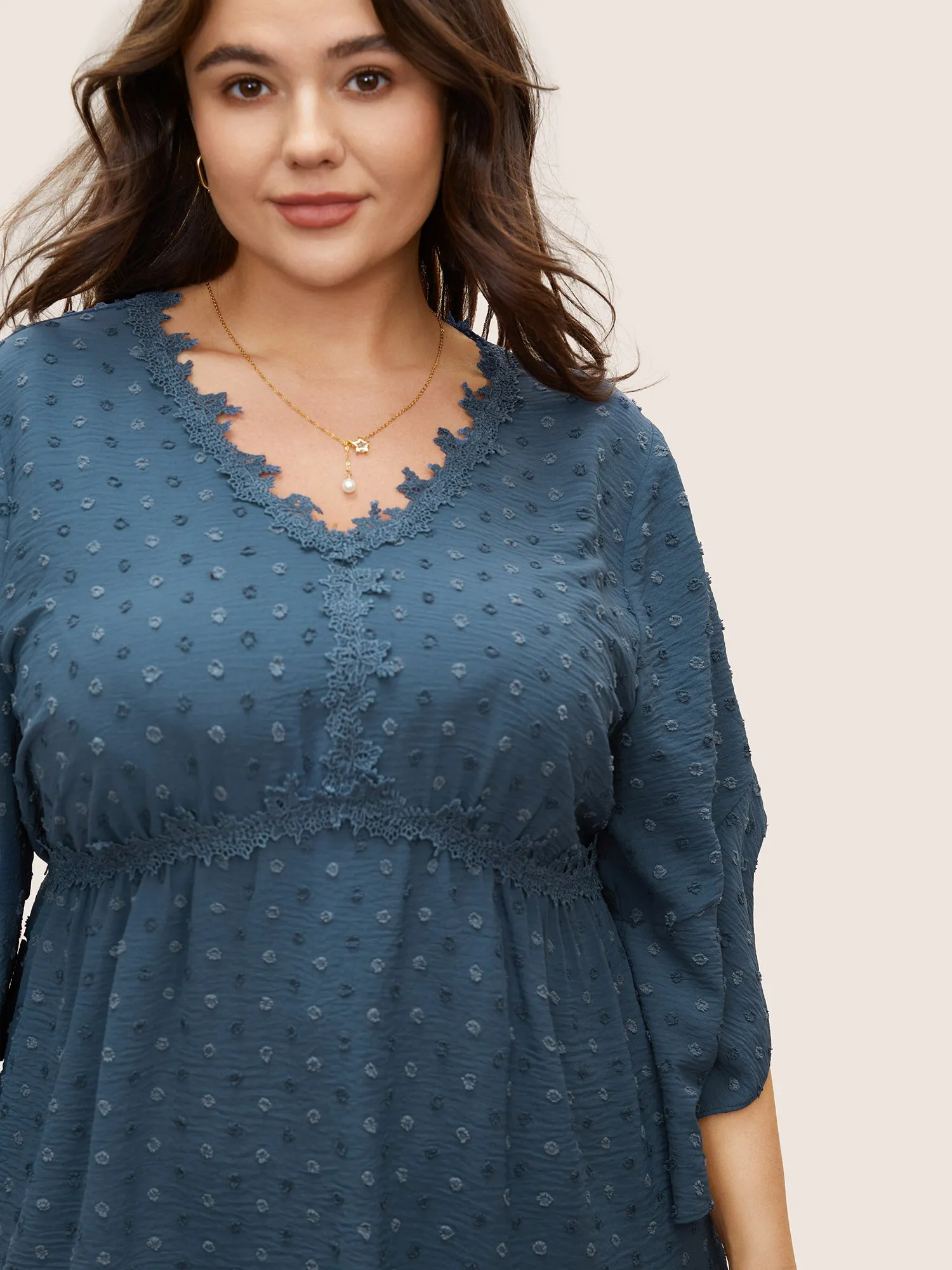 Polka Dot Textured Petal Sleeve Lace Trim Blouse sold by Bloomchic product image thumbnail 2