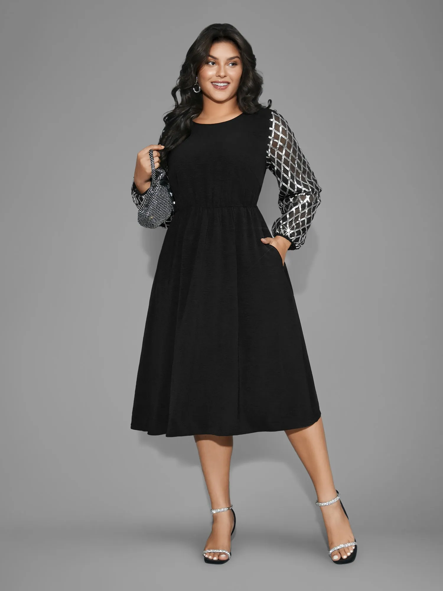 Texture Sequin Mesh Patchwork Belted Dress sold by Bloomchic product image thumbnail 3