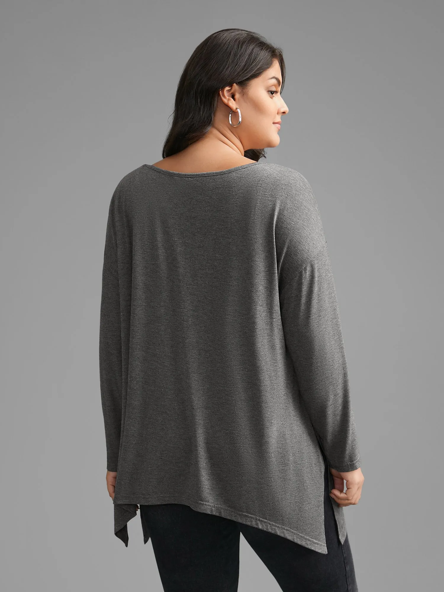Plain Boat Neck Asymmetrical Hem T-shirt sold by Bloomchic product image thumbnail 3