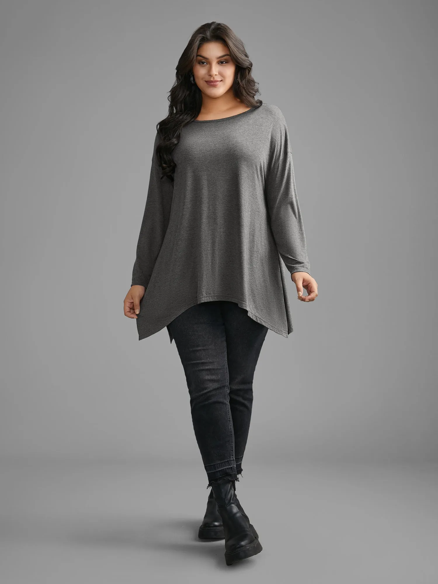 Plain Boat Neck Asymmetrical Hem T-shirt sold by Bloomchic product image thumbnail 5