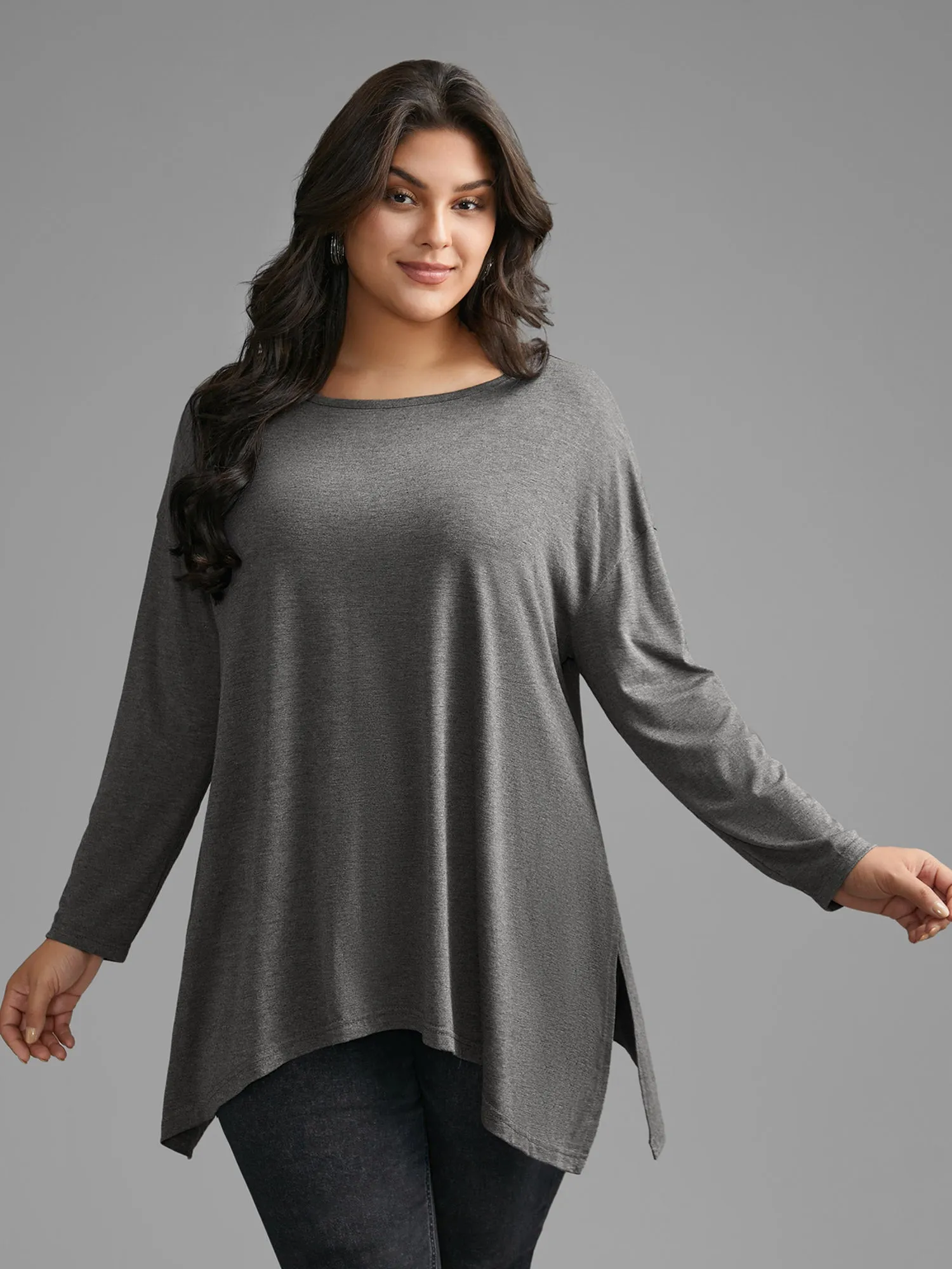 Plain Boat Neck Asymmetrical Hem T-shirt sold by Bloomchic