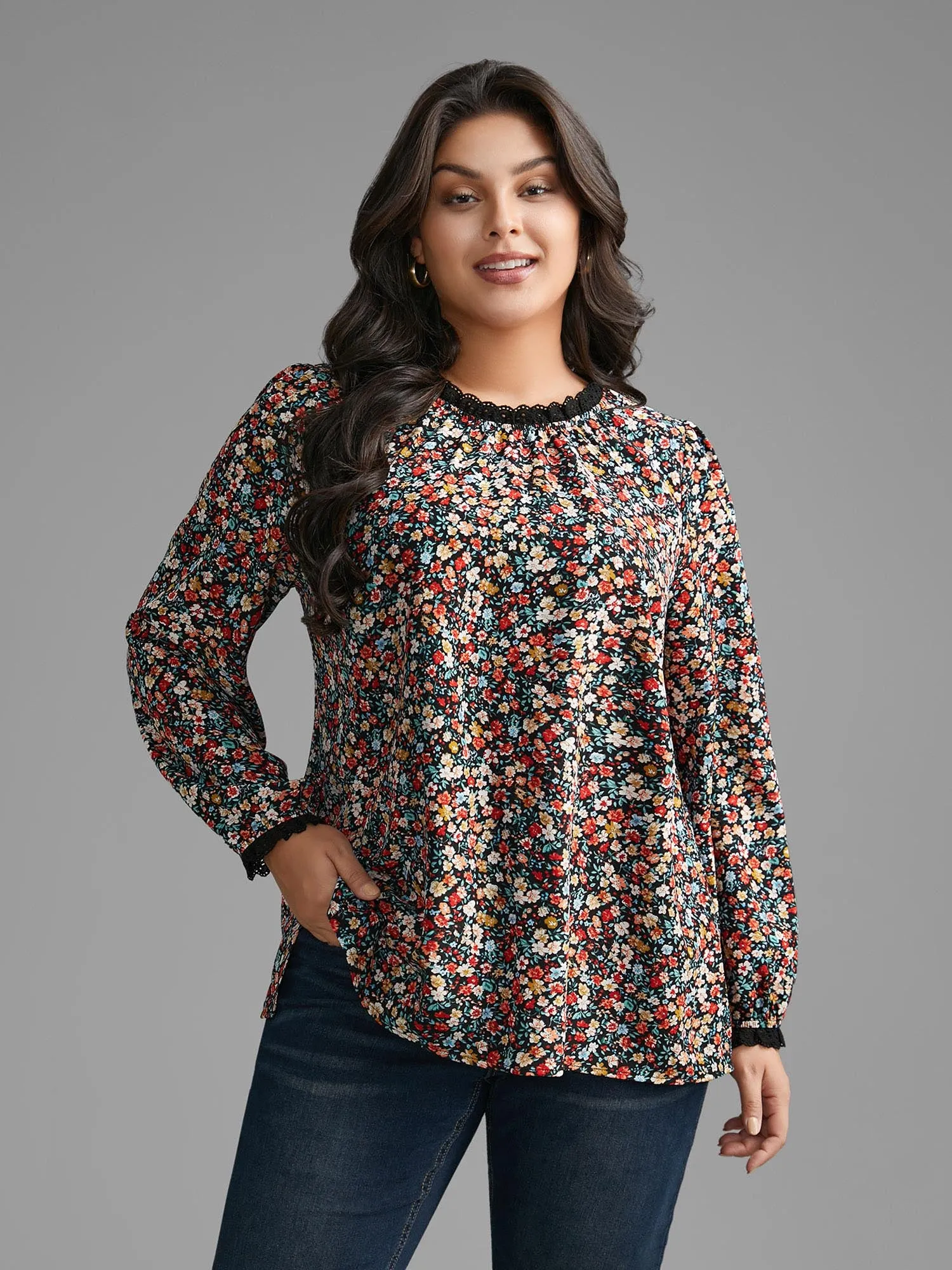 Ditsy Floral Lace Patchwork Slit Hem Blouse sold by Bloomchic